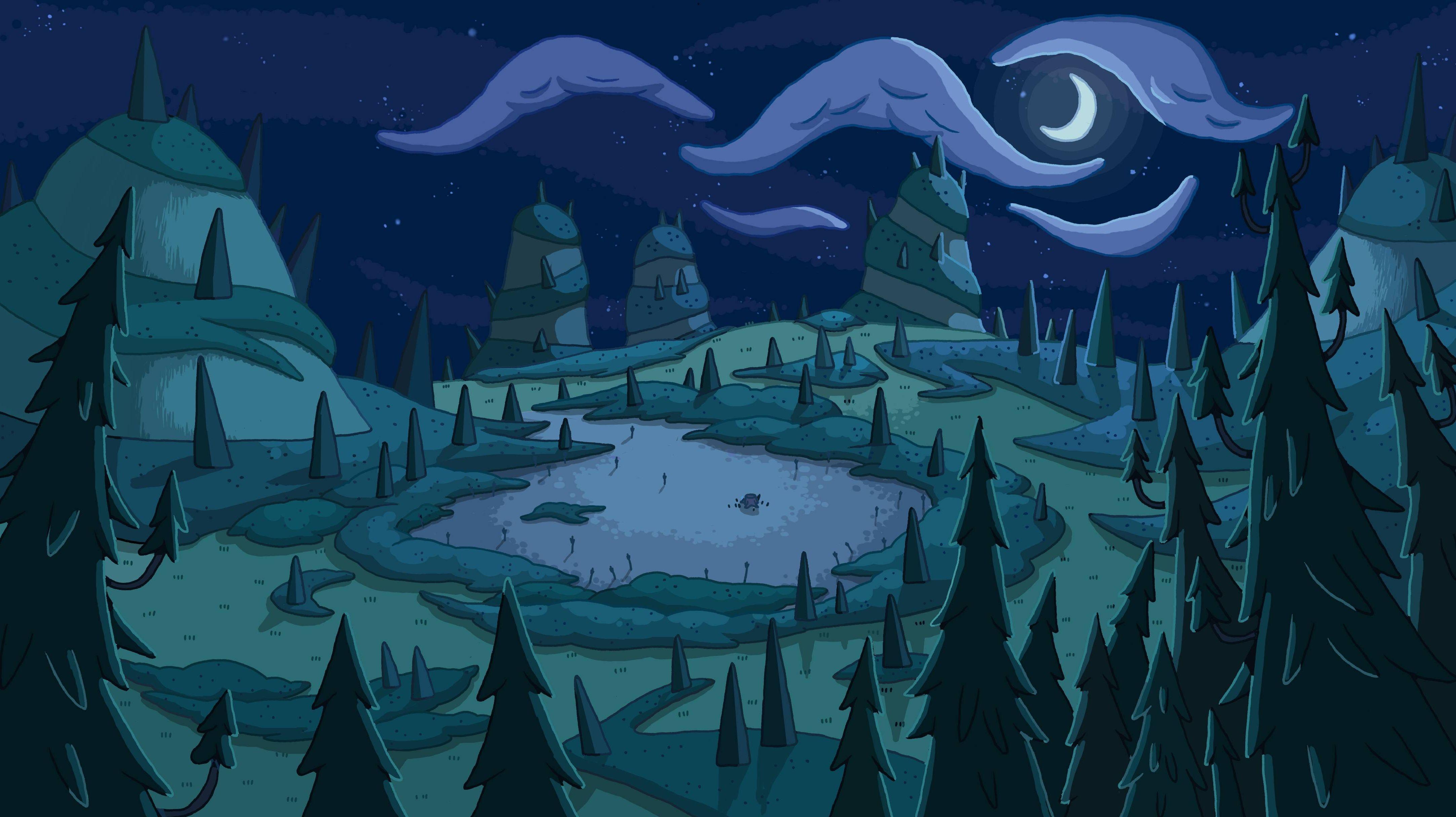Adventure Time wallpaper possibly with a snow-covered landscape, a forest, and a night scene titled 