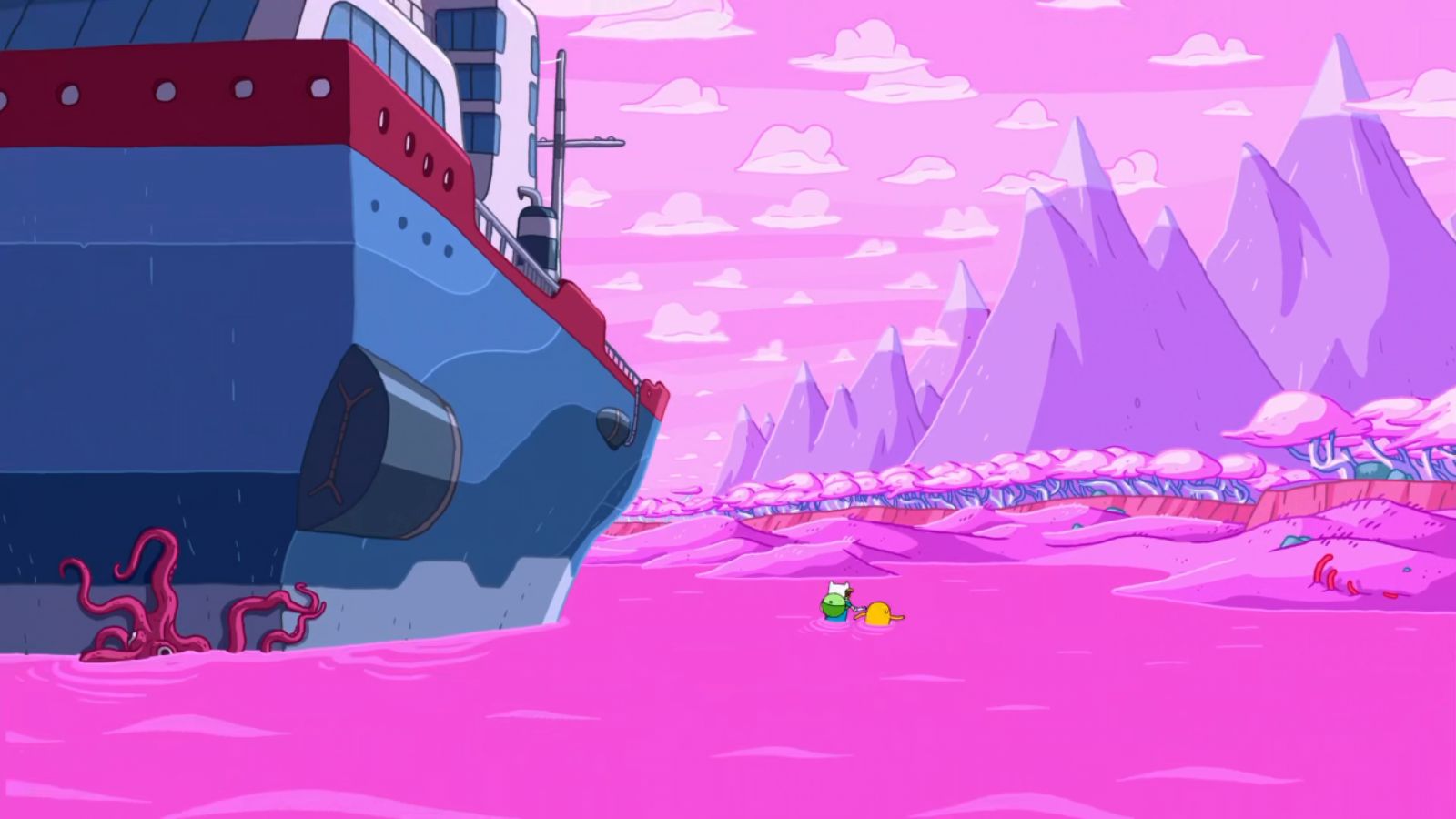 Finn and Jake in a pink sea with a ship in the background - Adventure Time
