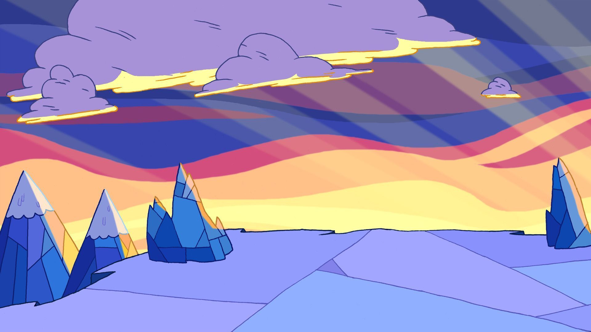 A cartoon landscape with clouds and mountains - Adventure Time