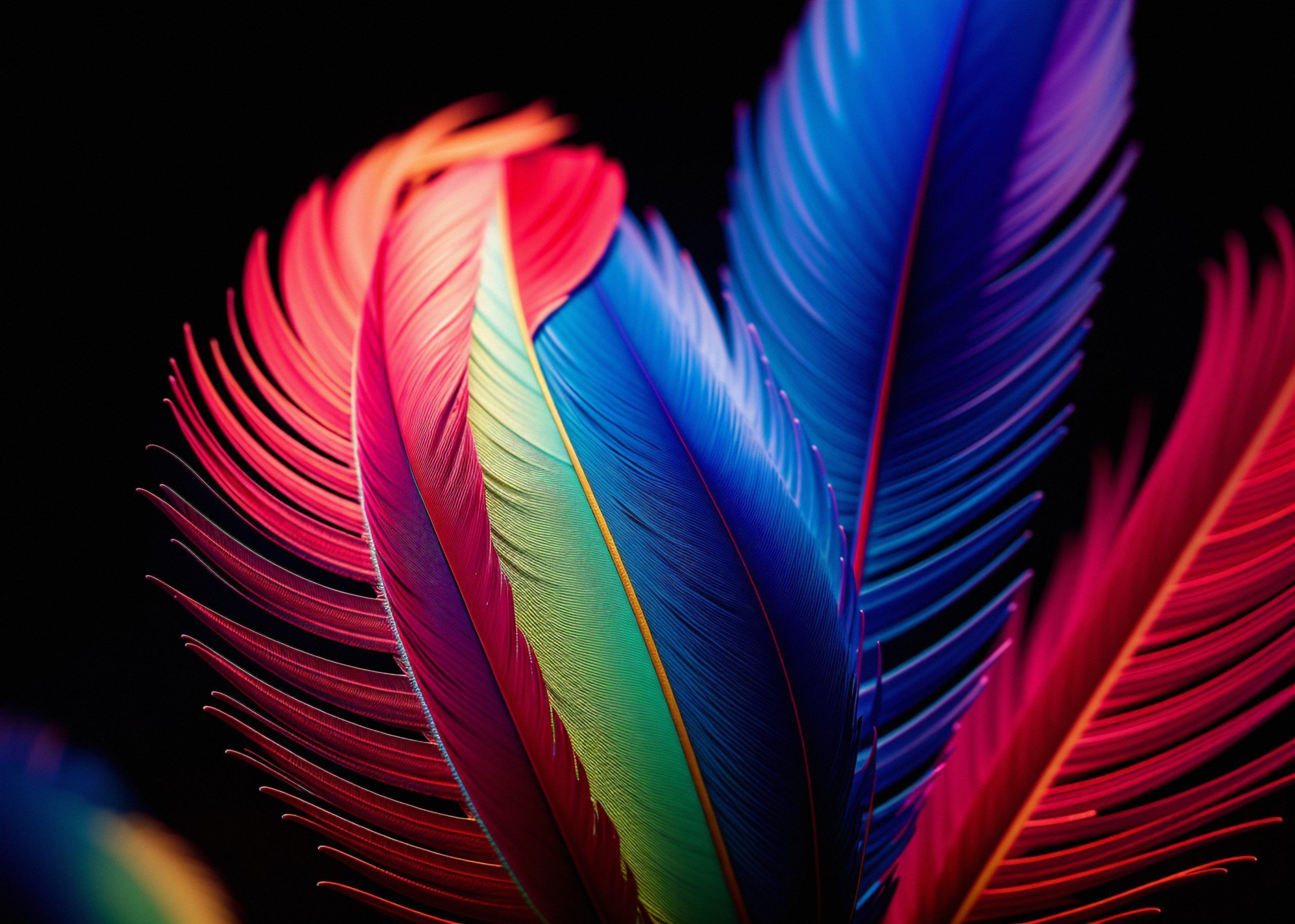Four colorful feathers against a black background - Feathers