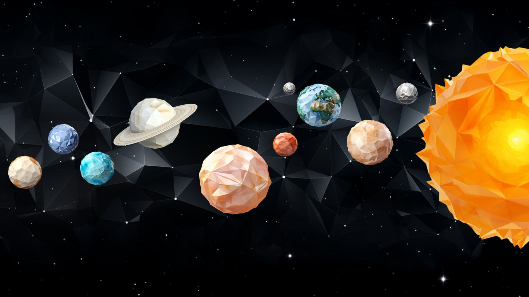 The solar system with the sun and planets - Low poly