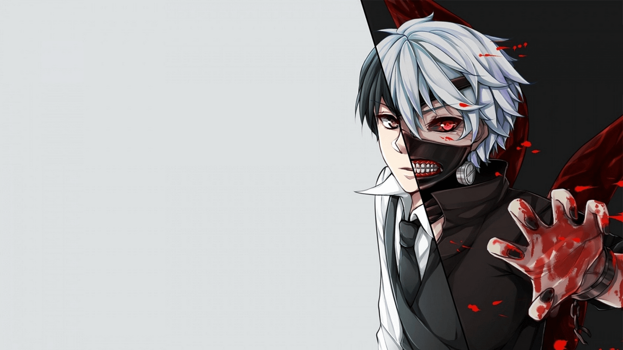 1920x1080 anime, Tokyo Ghoul, Ken Kaneki, red eyes, tie, mask, white hair, black hair, wallpaper, anime, 1920x1080 wallpaper, 1920x1080 background - Tokyo Ghoul