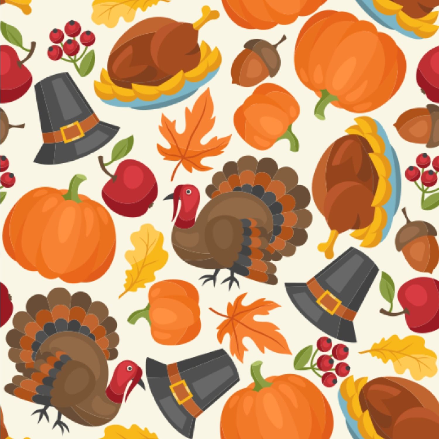 A seamless pattern of thanksgiving turkeys, pumpkins and apples - Thanksgiving