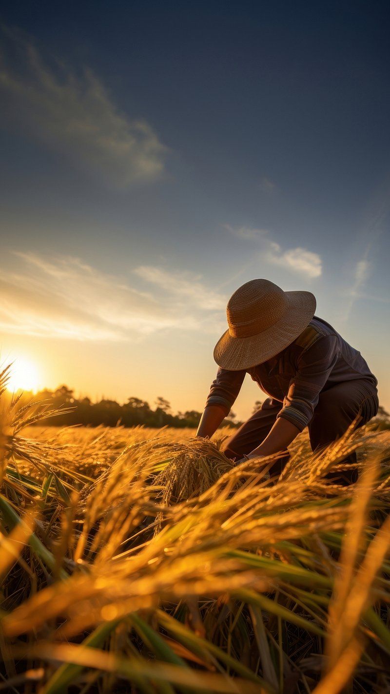 A man in hat is working on rice field - Farm