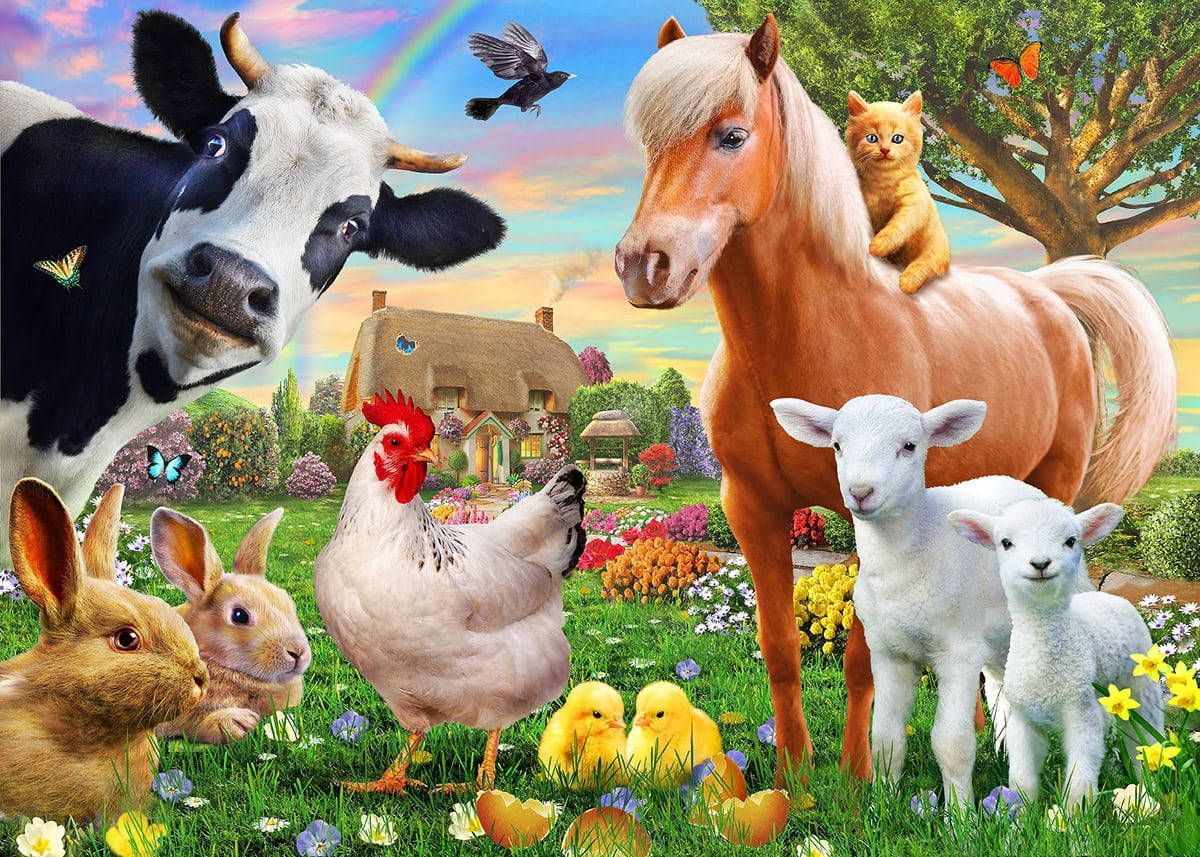 Animals on a farm with a rainbow in the sky - Farm