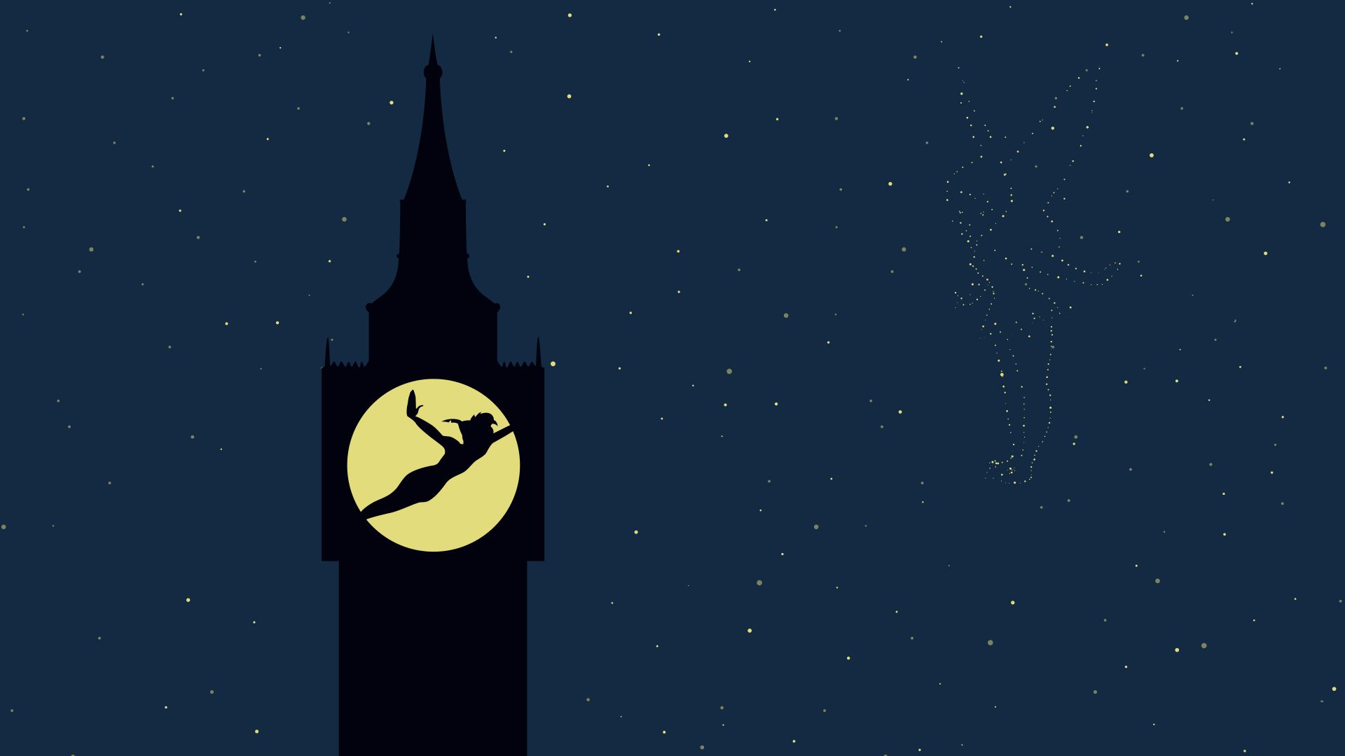 A clock tower with the moon in front of it - Peter Pan