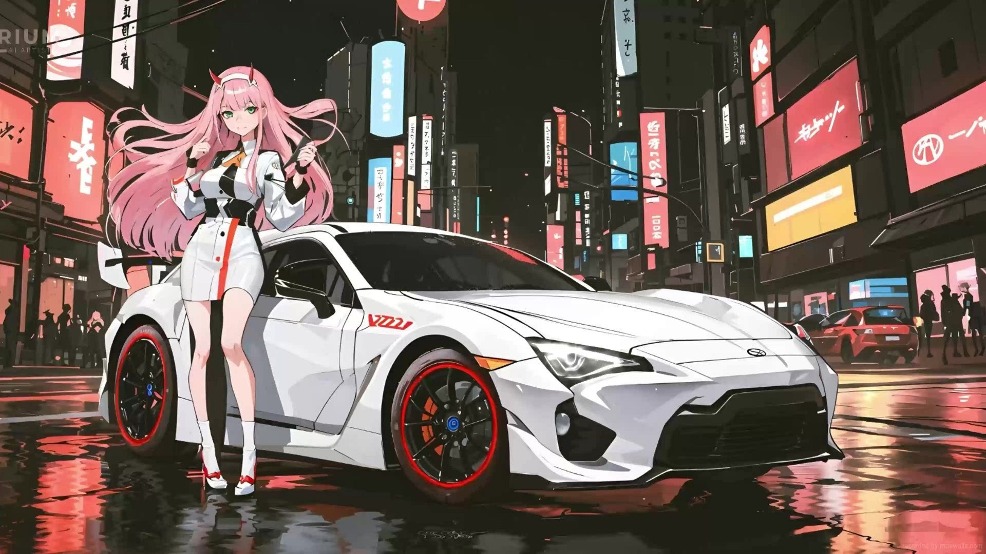 A girl with pink hair standing next to anime car - JDM