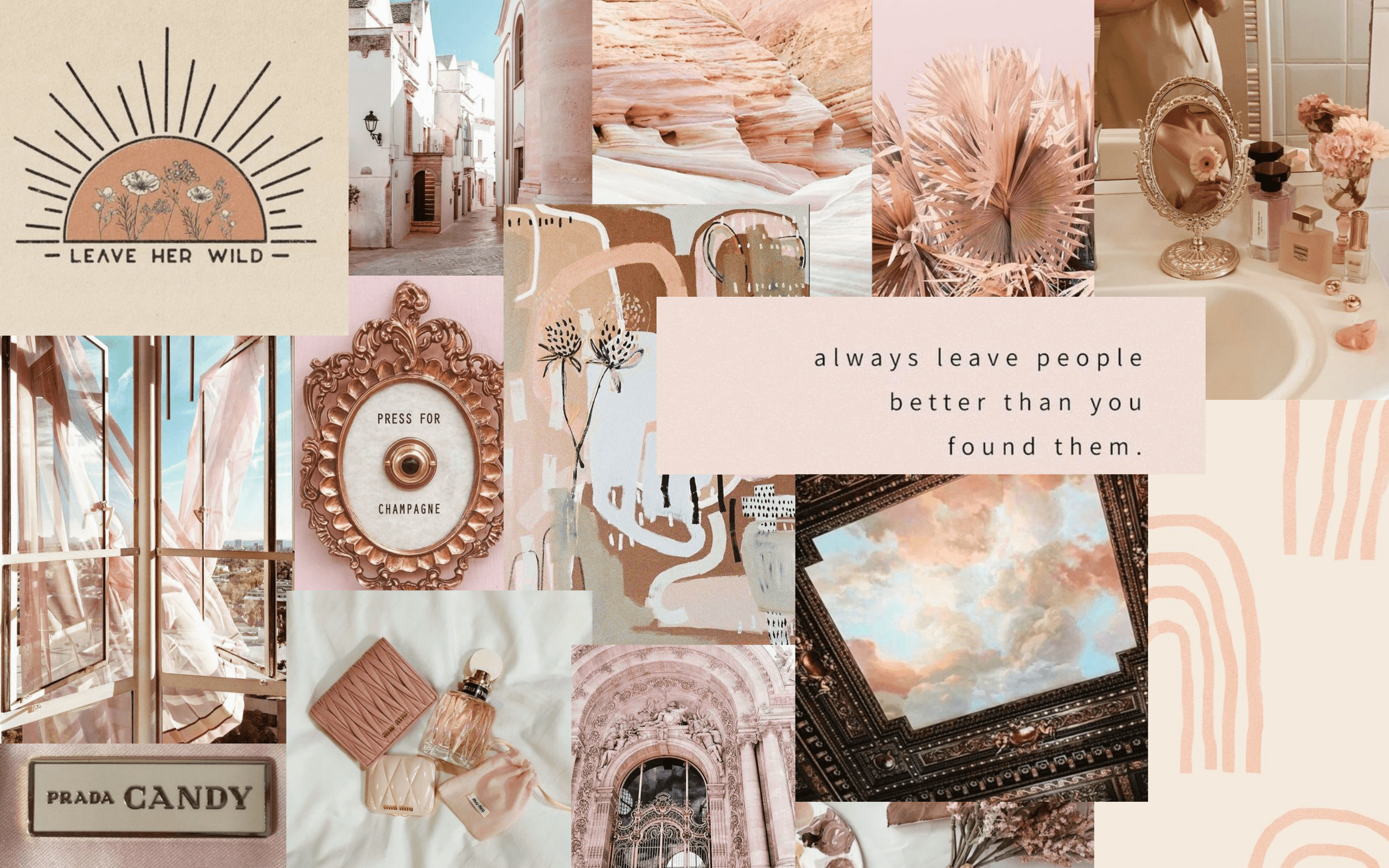 A collage of images in pink and white, including clouds, a quote, and a sunset. - Champagne, neutral