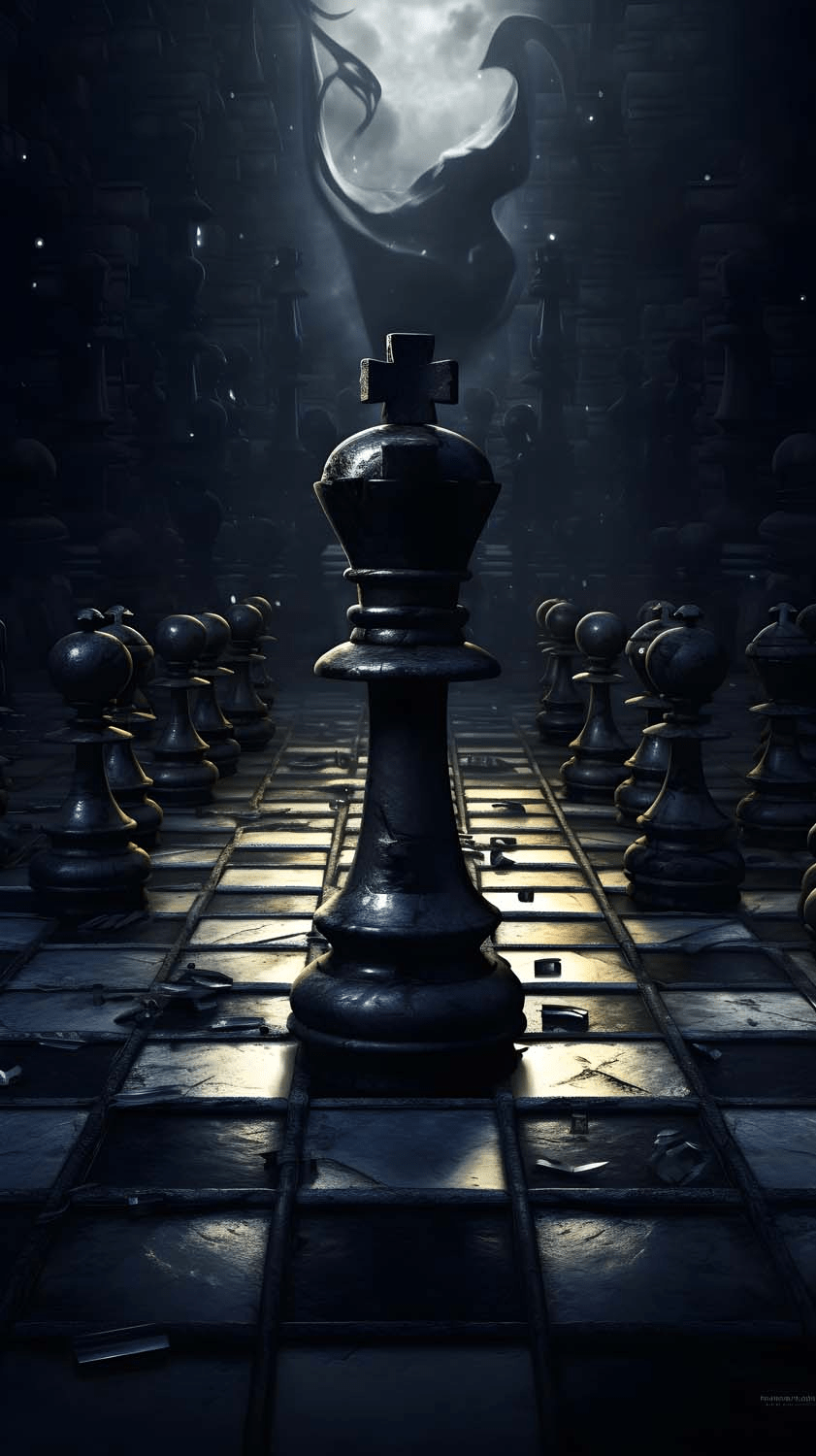 A black and white chessboard with a black king in the center. - Chess