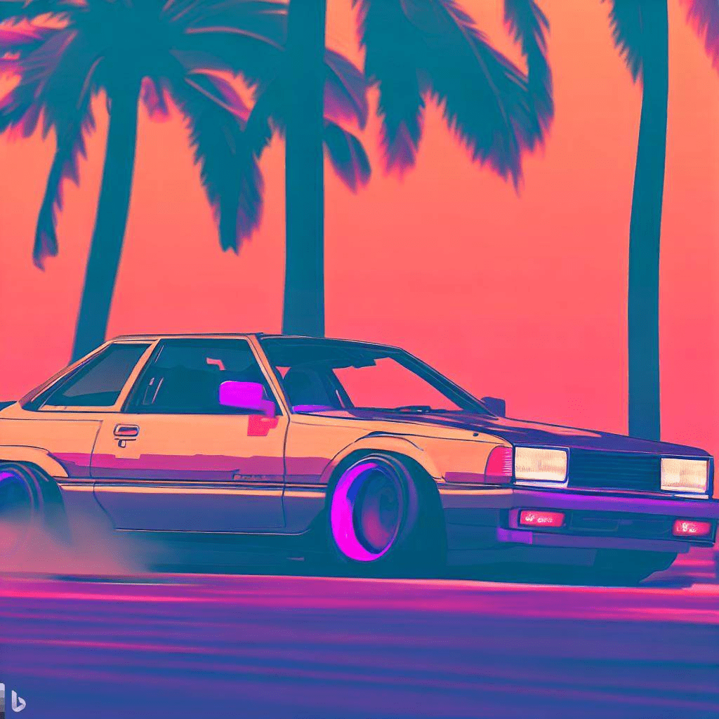 Toyota corolla ae86 drifting vaporwave aesthetic warm colours with palm trees in the background