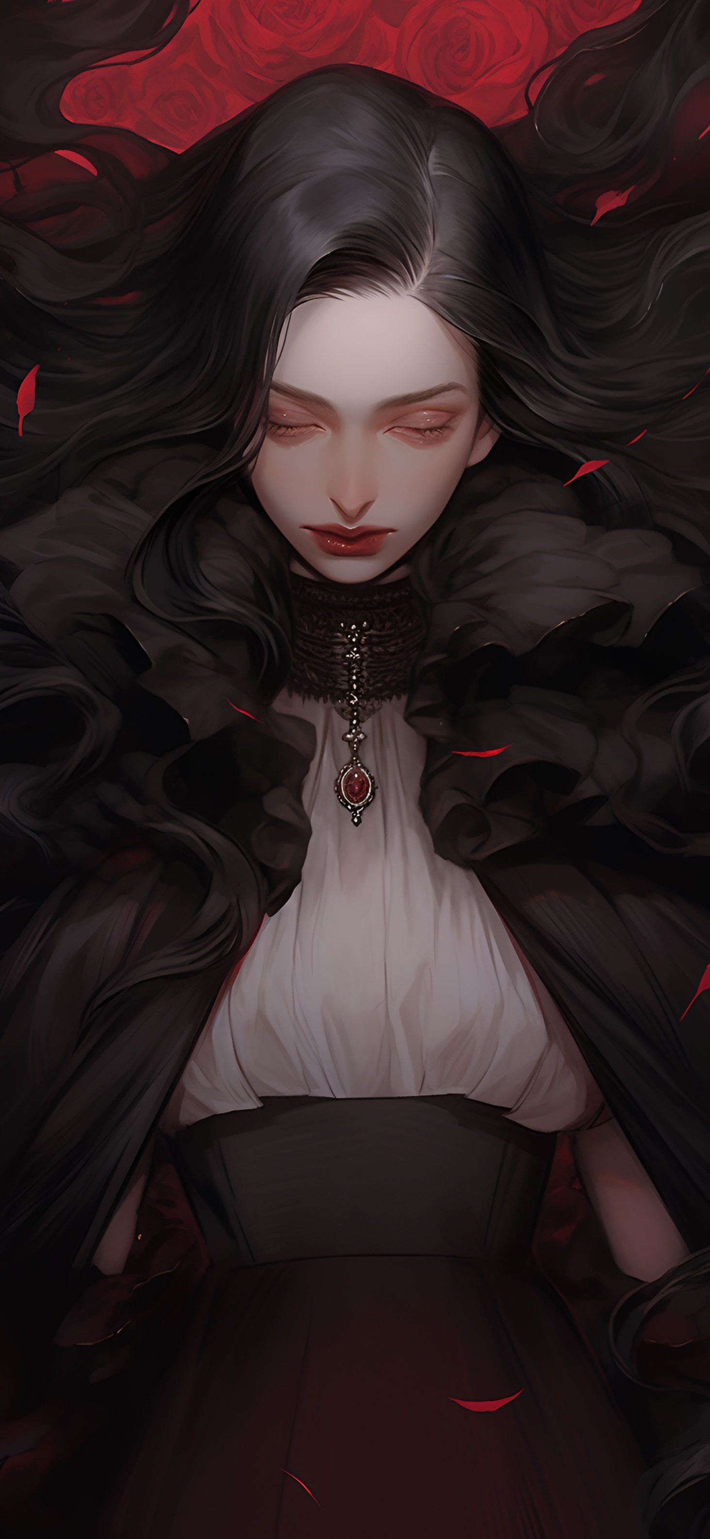 A woman with black hair and long red locks - Vampire