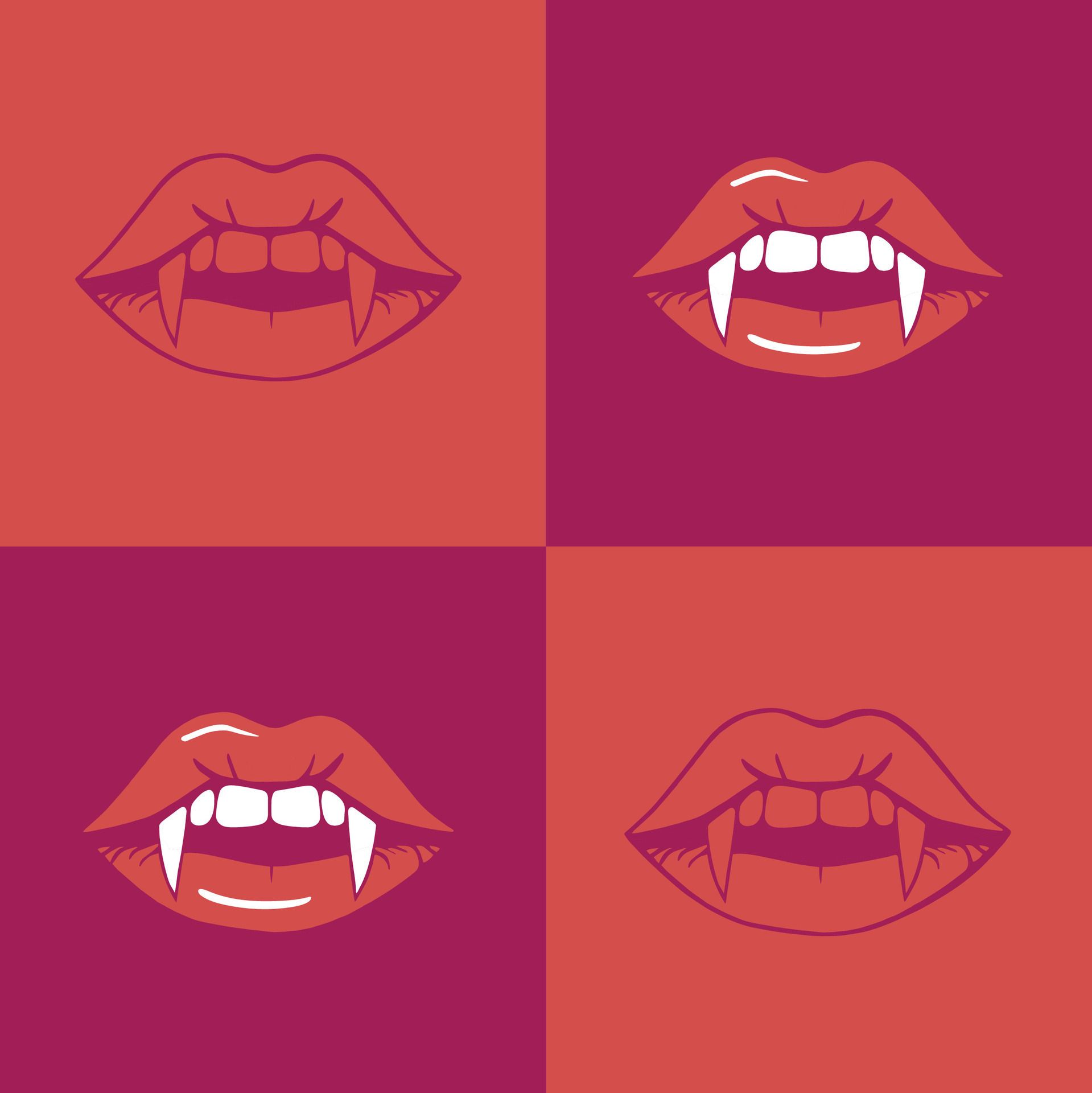 Four mouths with different amounts of fangs showing. - Lips, vampire