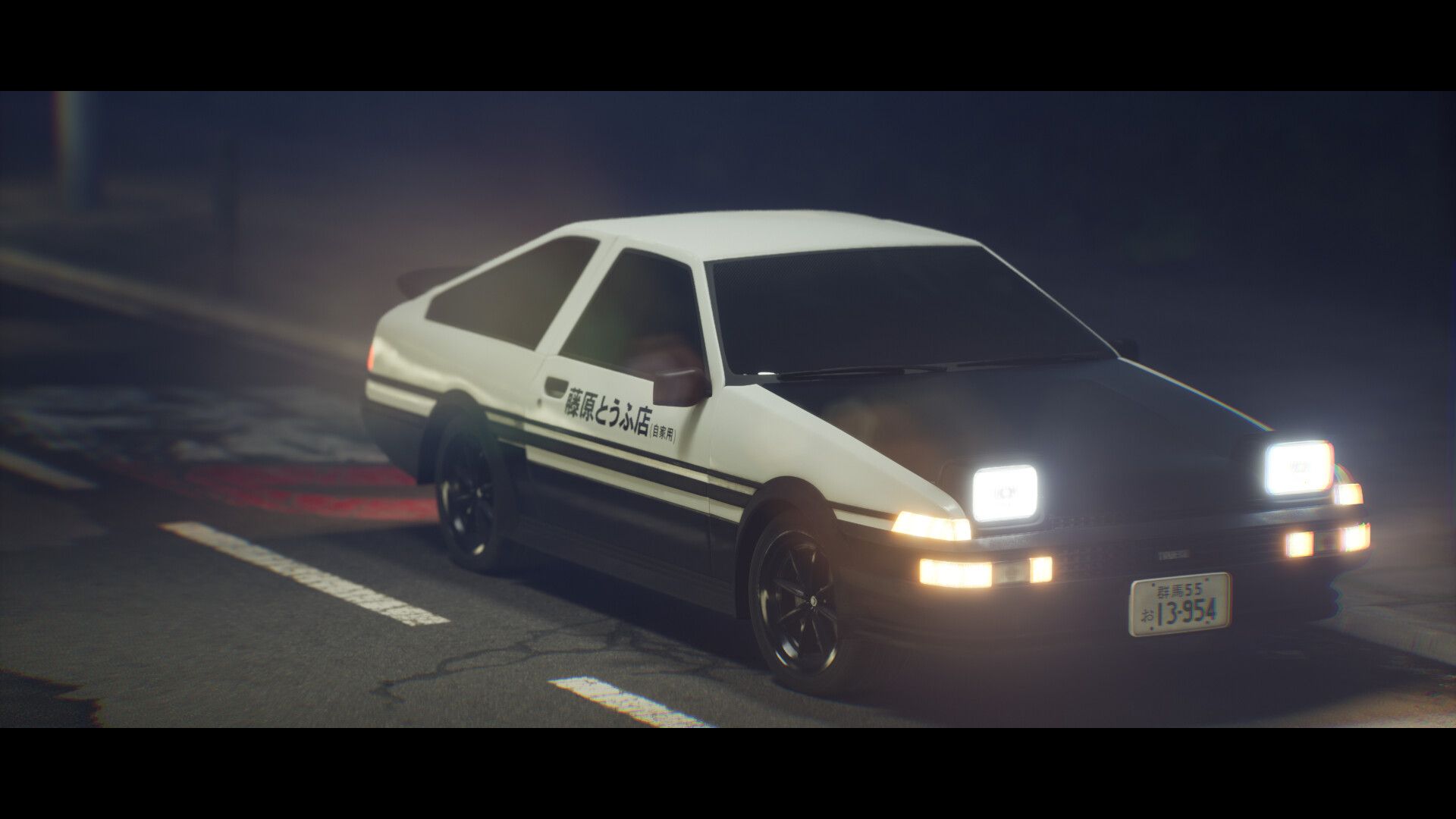 A car driving down the street at night - Toyota AE86