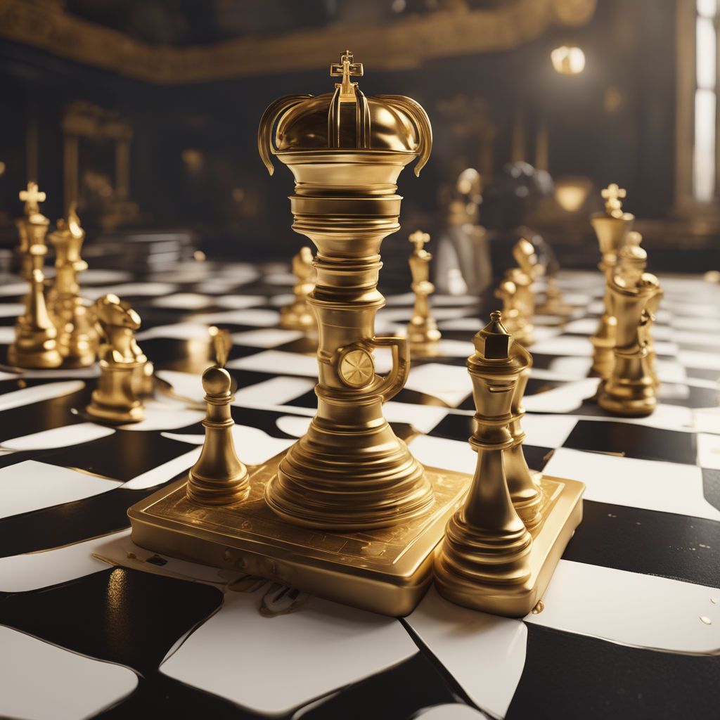 A gold chess piece is on top of the board - Chess