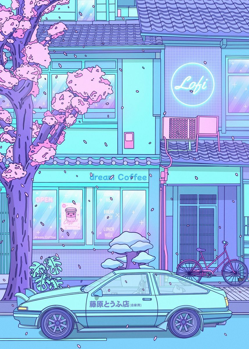 An illustration of a car parked outside a coffee shop - Toyota AE86