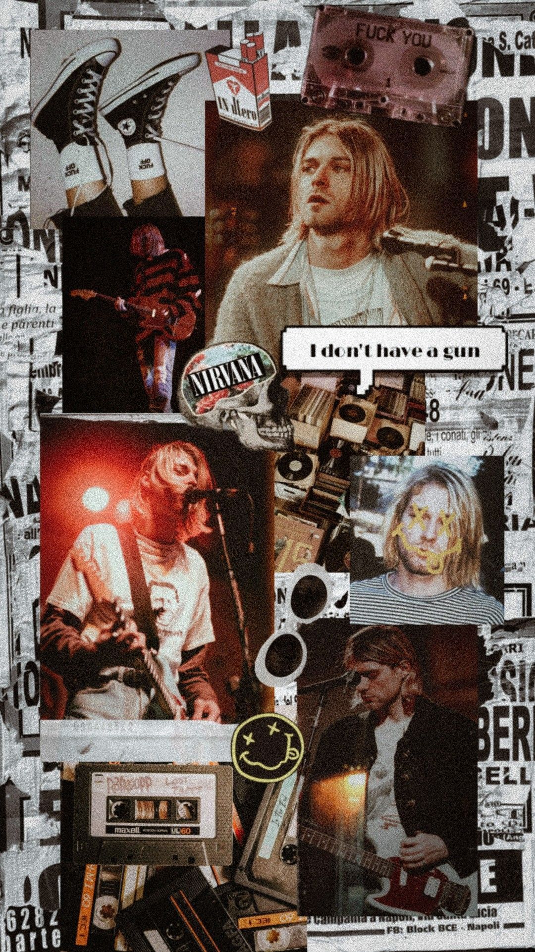A collage of Nirvana pictures including the band members, a smiley face, and a mixtape. - Nirvana