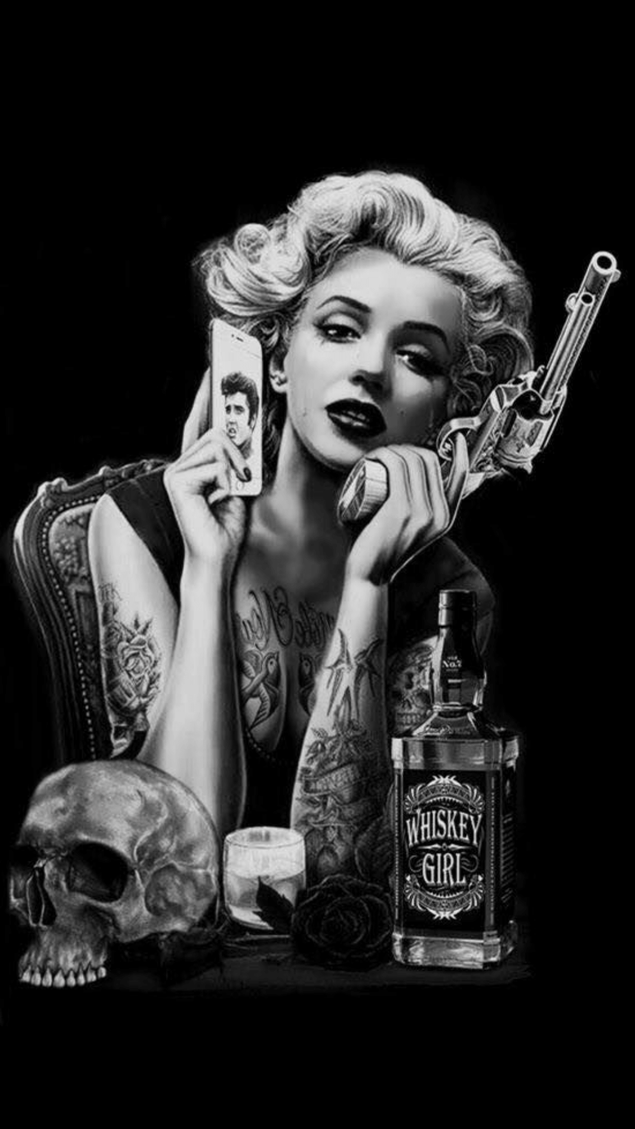 Whiskey girl with skull, gun and whiskey. - Marilyn Monroe