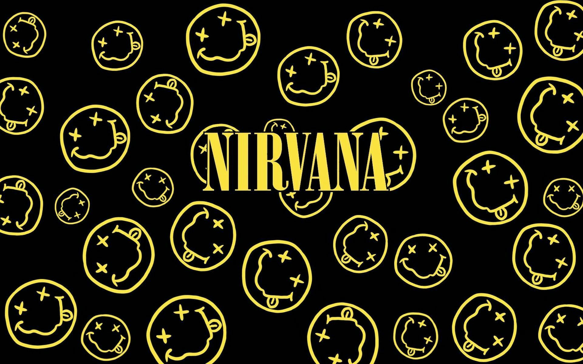 A black Nirvana wallpaper with the band's name and smiley faces in yellow. - Nirvana