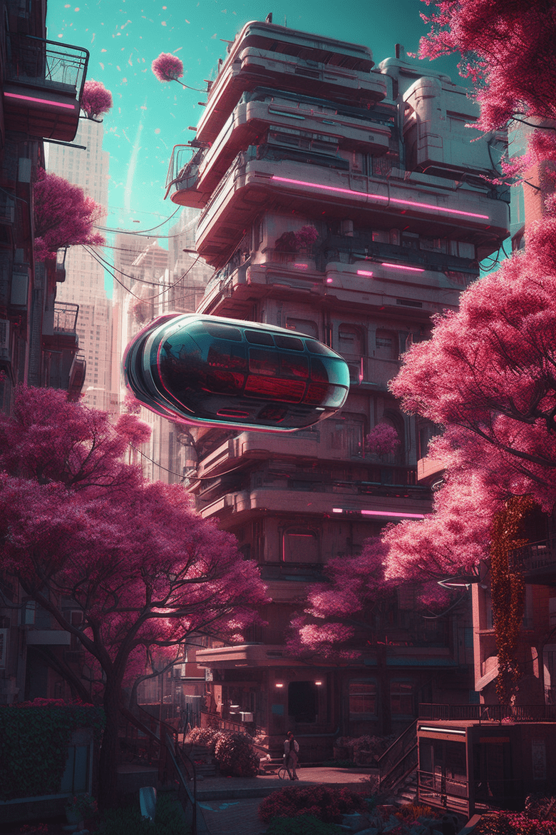 A building with trees and buildings in the background - Cyberpunk, magenta