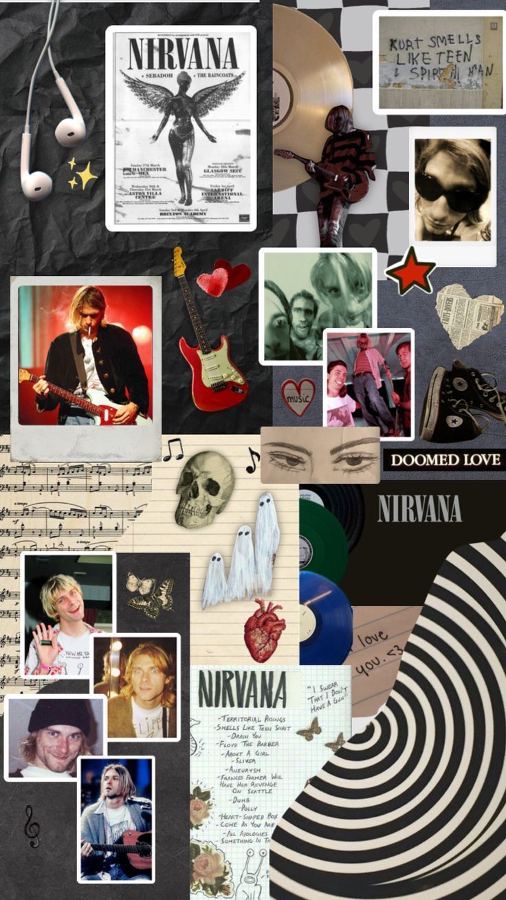 Collage of Nirvana images, including pictures of the band members, album covers, and other memorabilia. - Nirvana