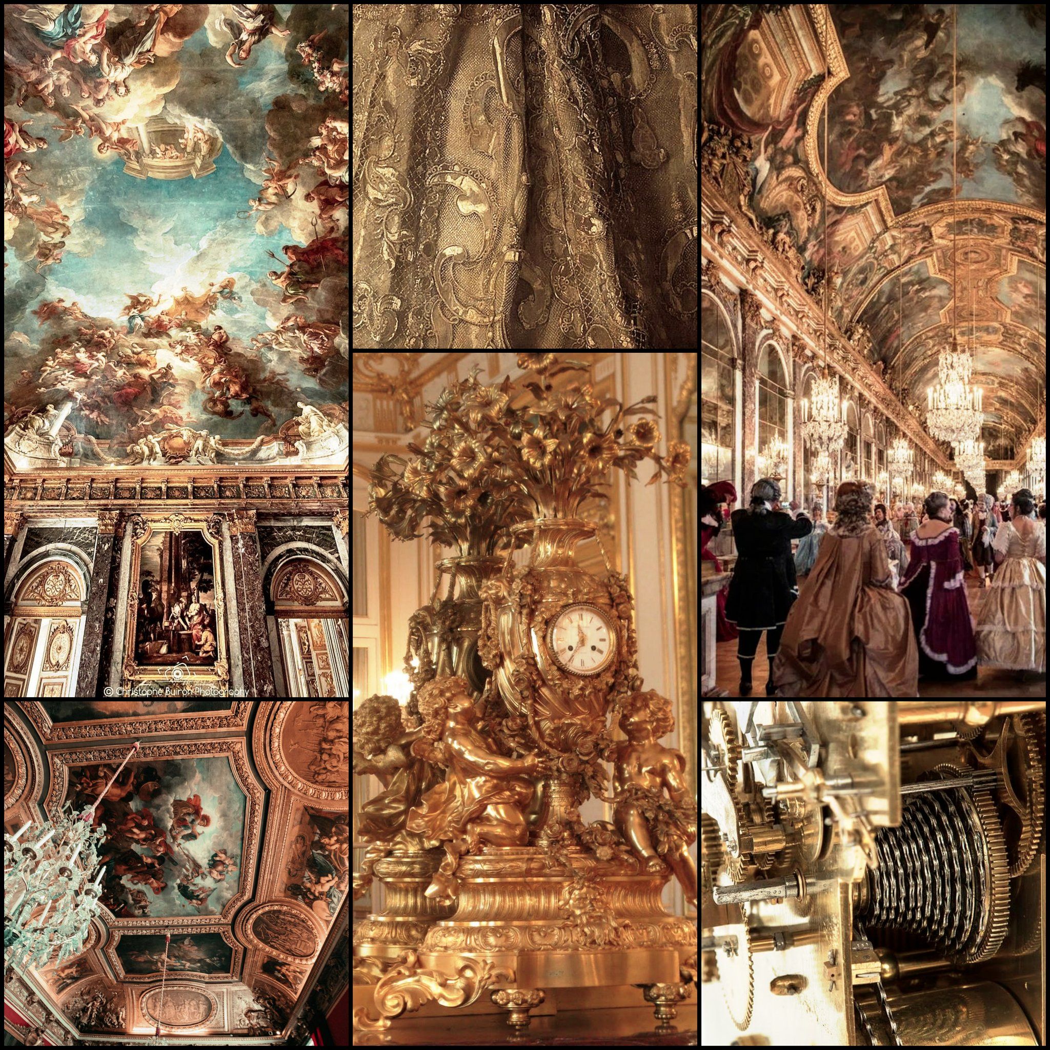 A collage of images of Versailles, including the Hall of Mirrors, the Hall of Enamel, and the Grand Trianon. - Royalcore