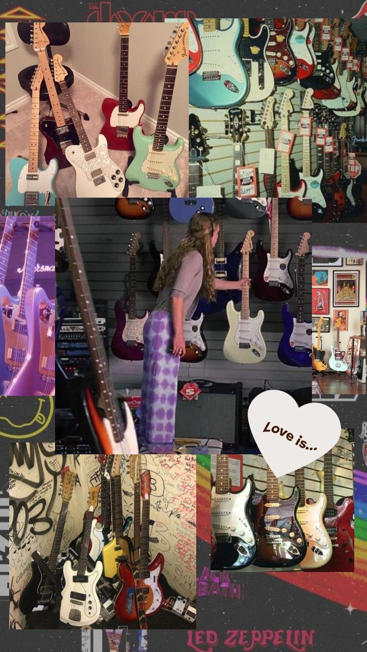 Collage of pictures of guitars and a girl standing in front of them - Guitar