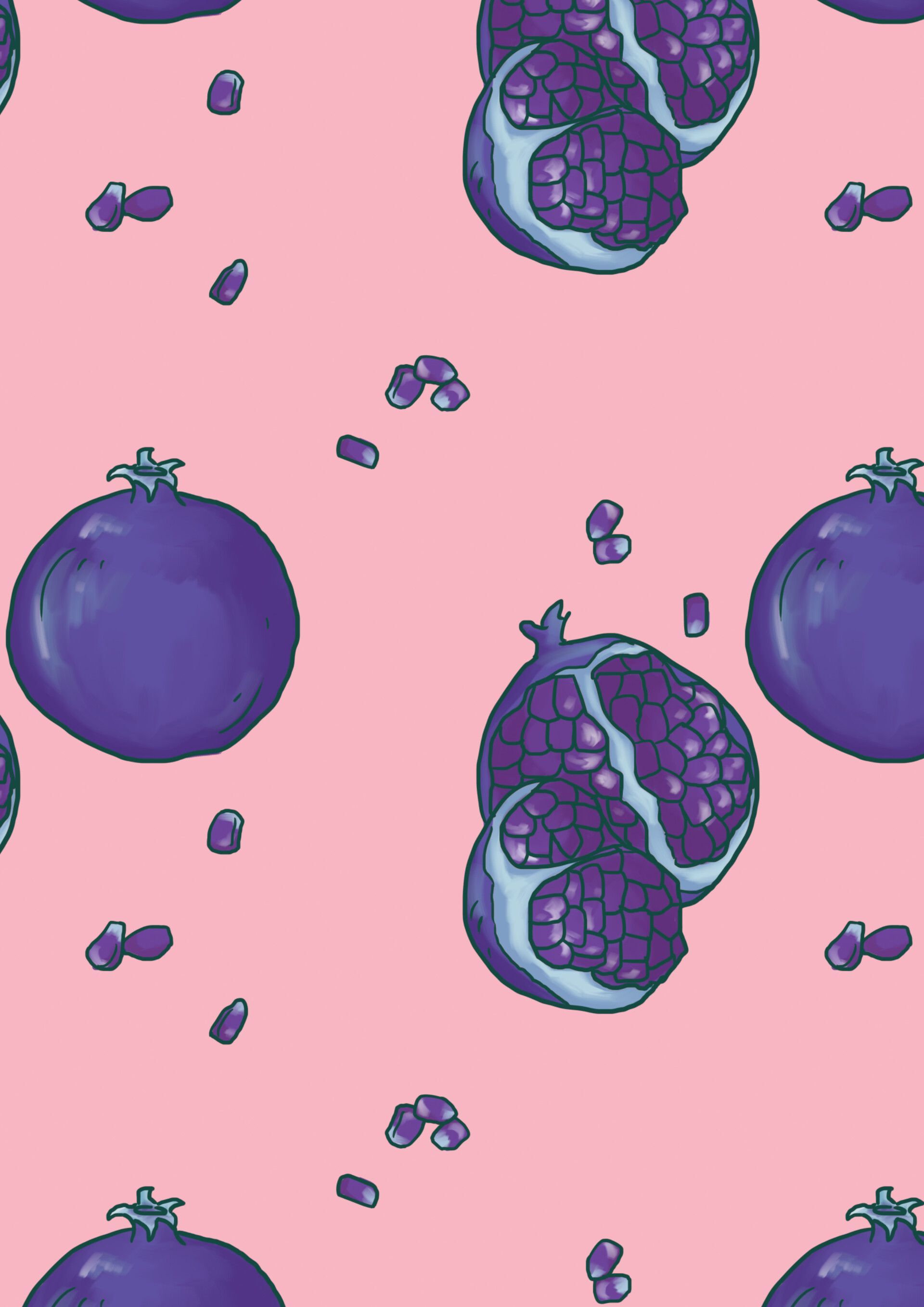 A pattern of purple pomegranates on a pink background - Foodie