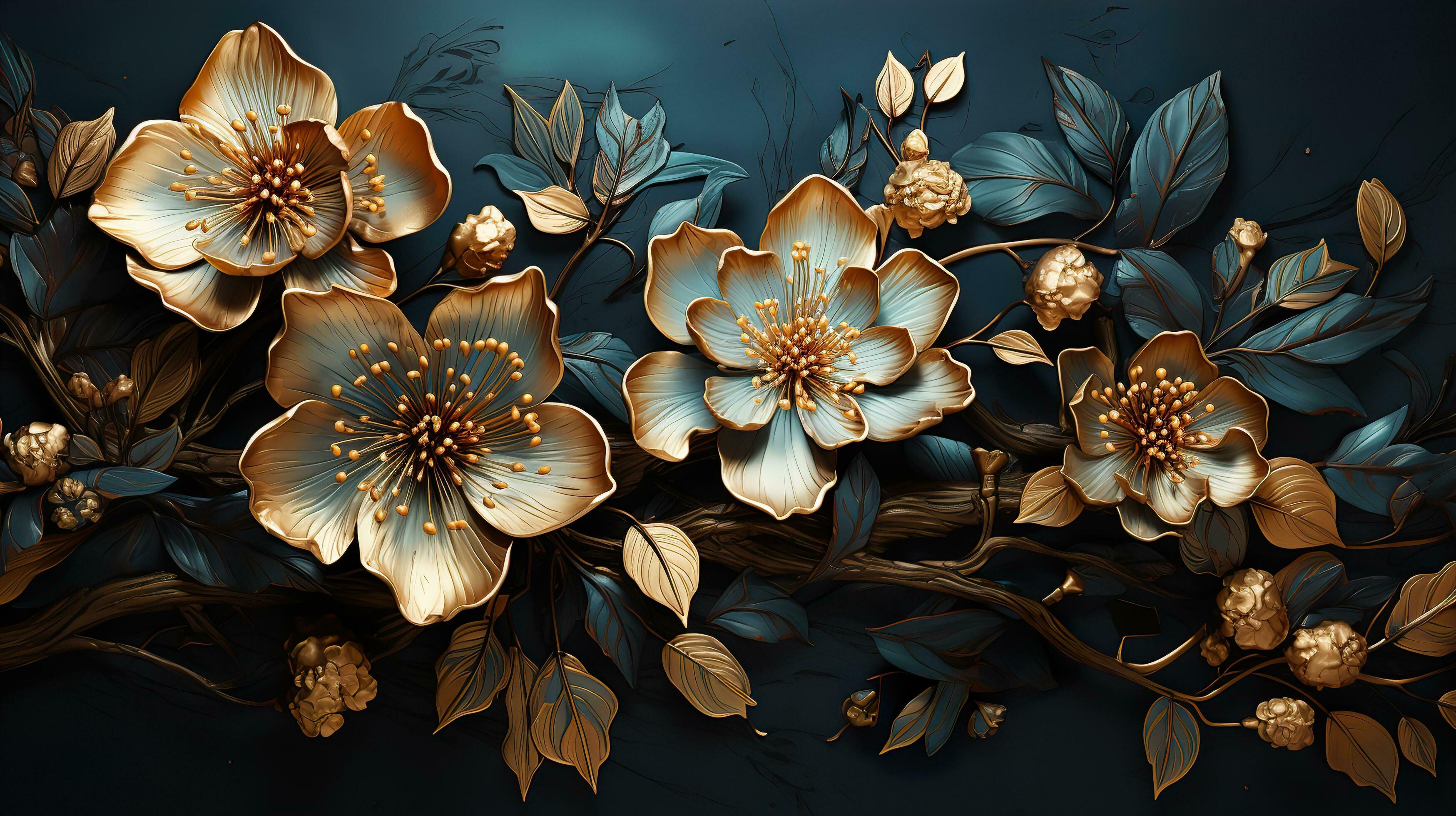 3D Gold Plated Flower in Cyan Blue Aesthetic Background