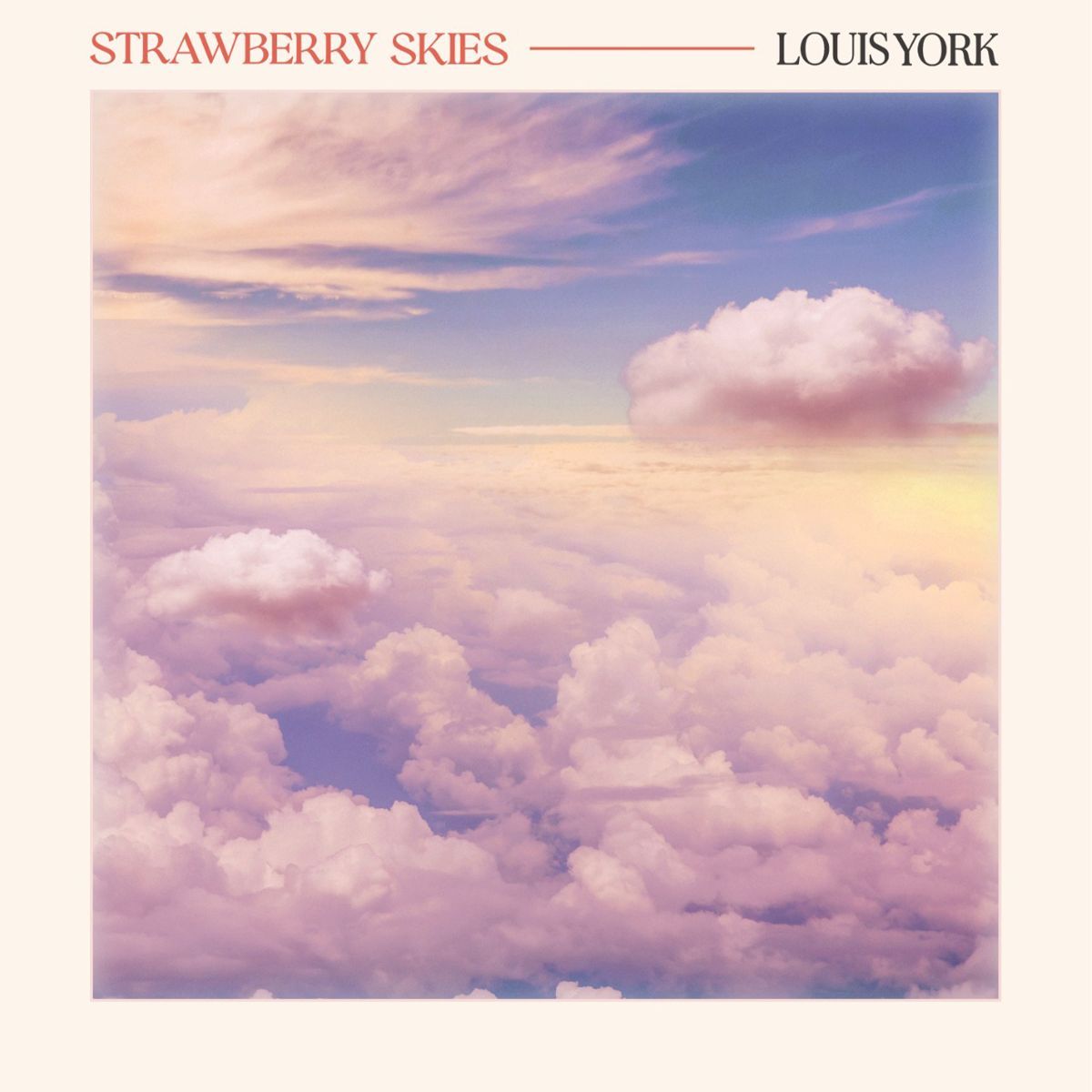 Louis York's Strawberry Skies album cover with a pink and blue sky filled with clouds - Polaroid