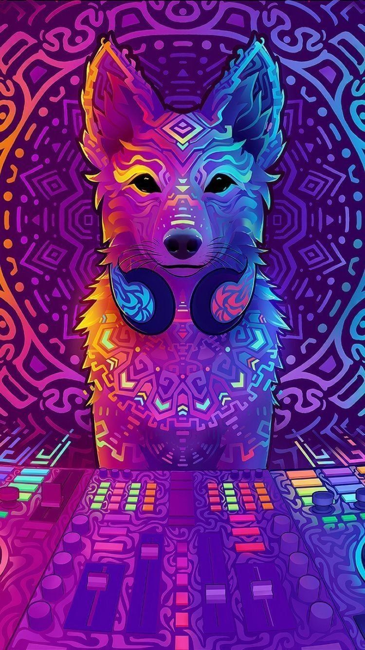 A colorful dog with headphones on a colorful background - Fox