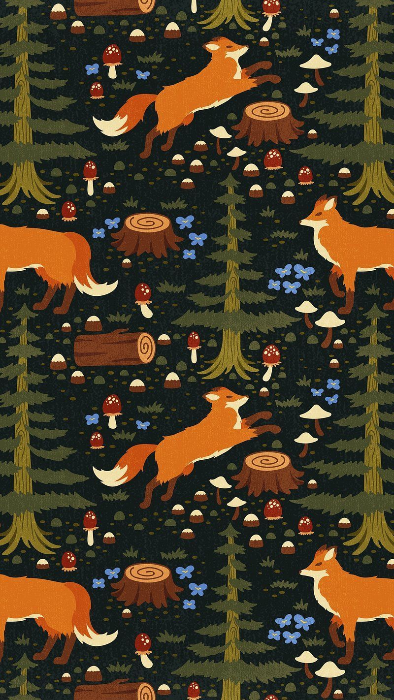 A forest scene with foxes, mushrooms, and trees - Fox