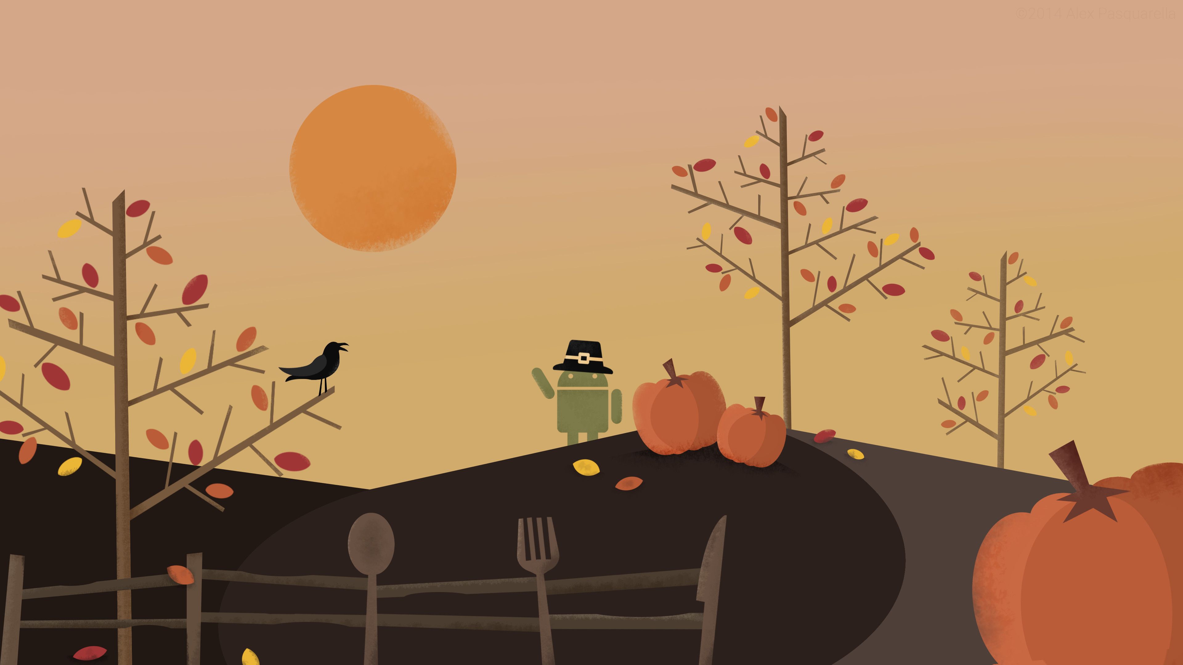 Android with a crow, pumpkin, and fence - Thanksgiving