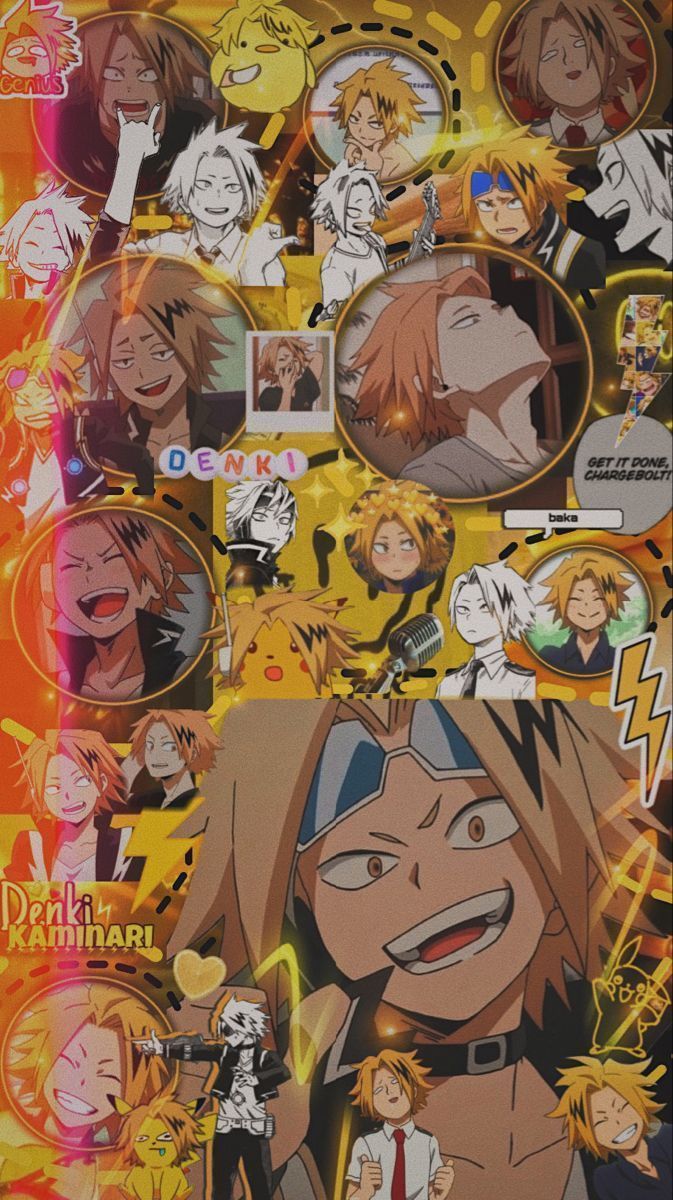 Aesthetic anime wallpaper of Denki Kaminari from My Hero Academia with a bunch of pictures of him smiling and looking happy. - Denki Kaminari
