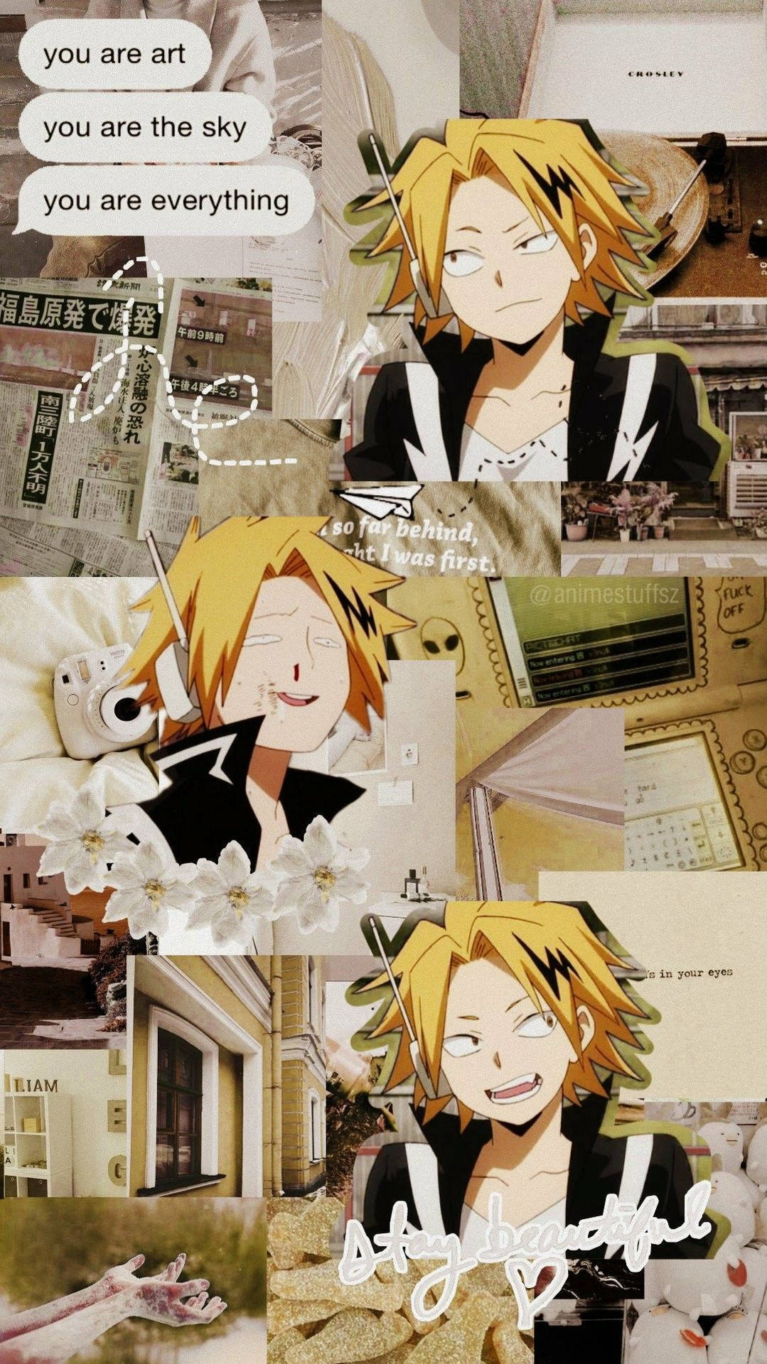 Collage of a picture of a blonde anime boy with a text - Denki Kaminari