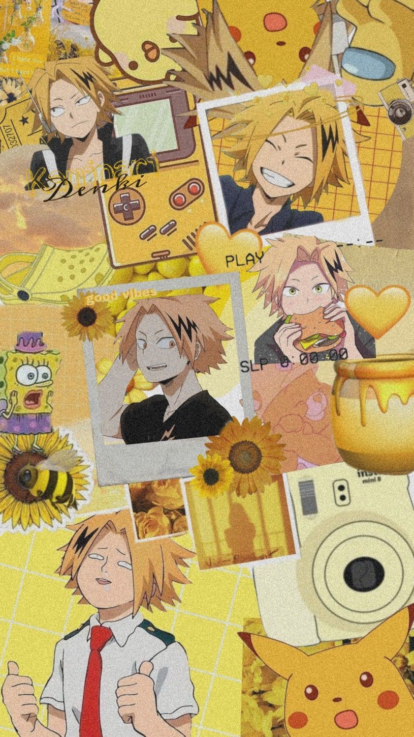 Yellow aesthetic wallpaper with anime characters and objects. - Denki Kaminari