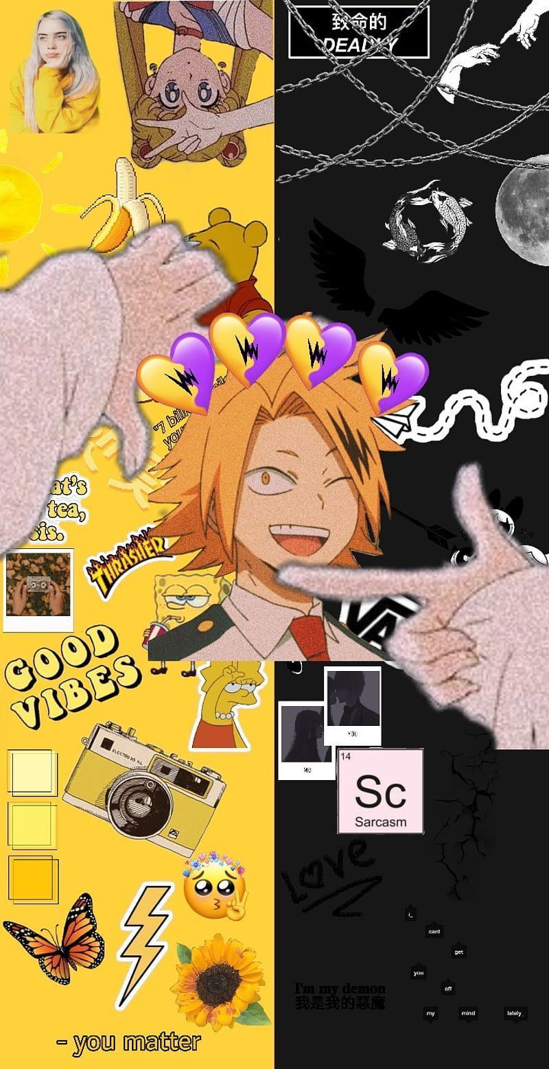 Aesthetic phone background with anime characters, a butterfly, camera, and the moon - Denki Kaminari