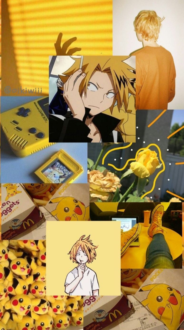 Aesthetic of yellow and gold with anime characters and Pokemon - Denki Kaminari