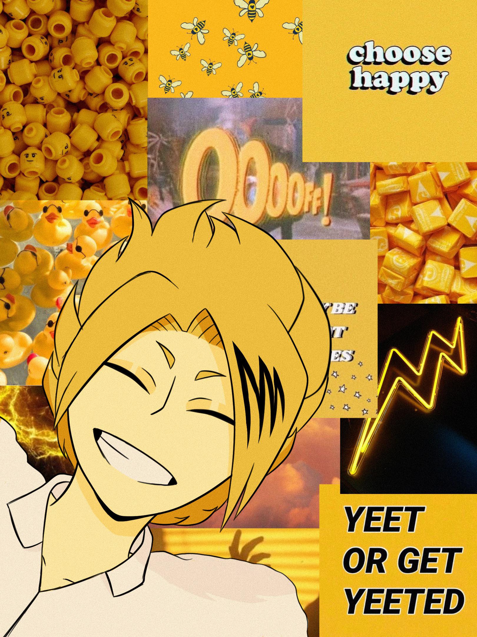 A collage of yellow aesthetic pictures including rubber ducks, yellow lightning bolts, and a picture of a blonde man smiling - Denki Kaminari