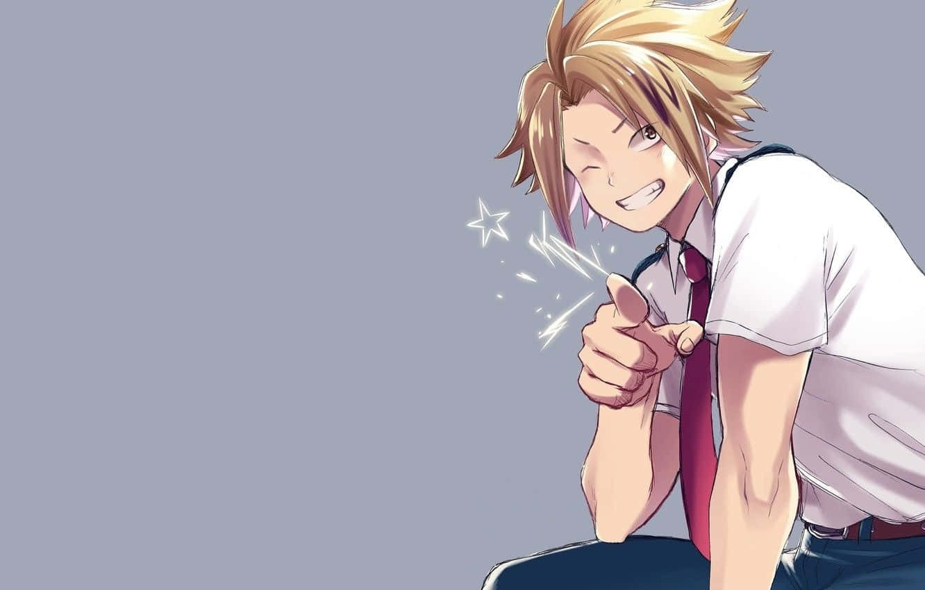 A blonde anime boy in a white shirt and red tie, smiling and pointing at the viewer. - Denki Kaminari