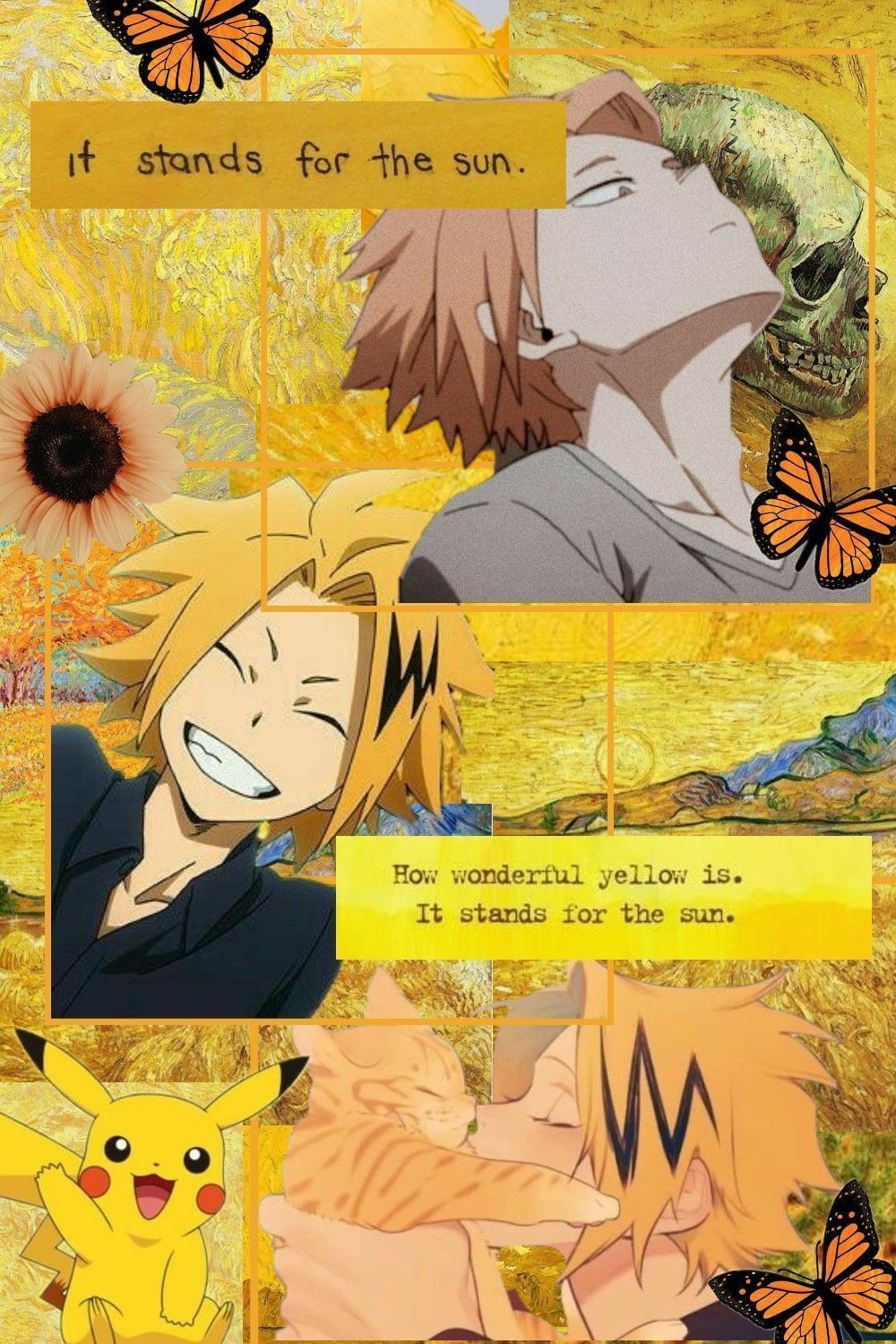 Yellow aesthetic background with a picture of a man and a yellow Pokemon - Denki Kaminari