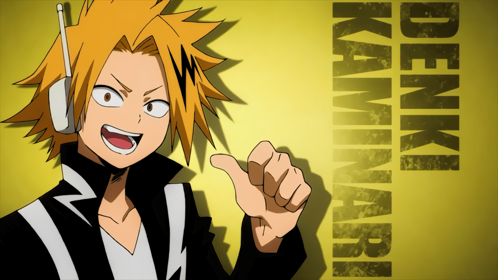 A wallpaper of Denki pointing to the right with his left hand. - Denki Kaminari
