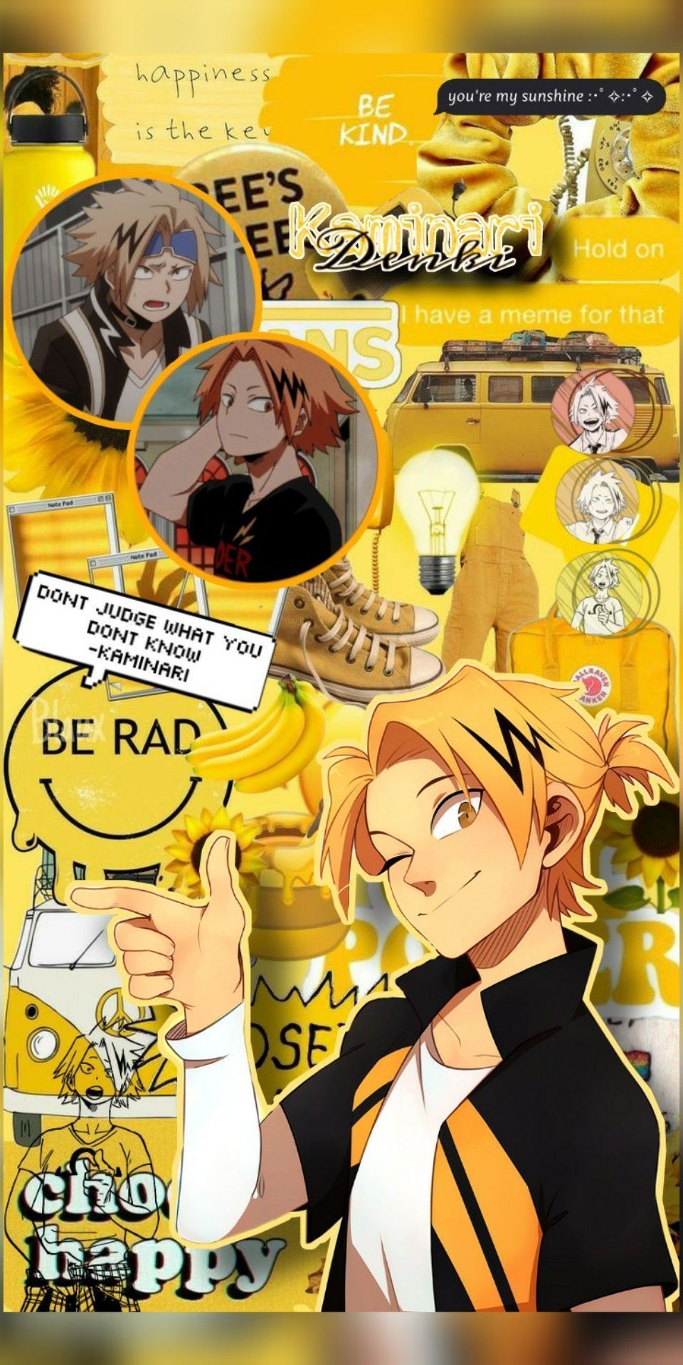 Aesthetic background of yellow with pictures of Kaminari and quotes - Denki Kaminari
