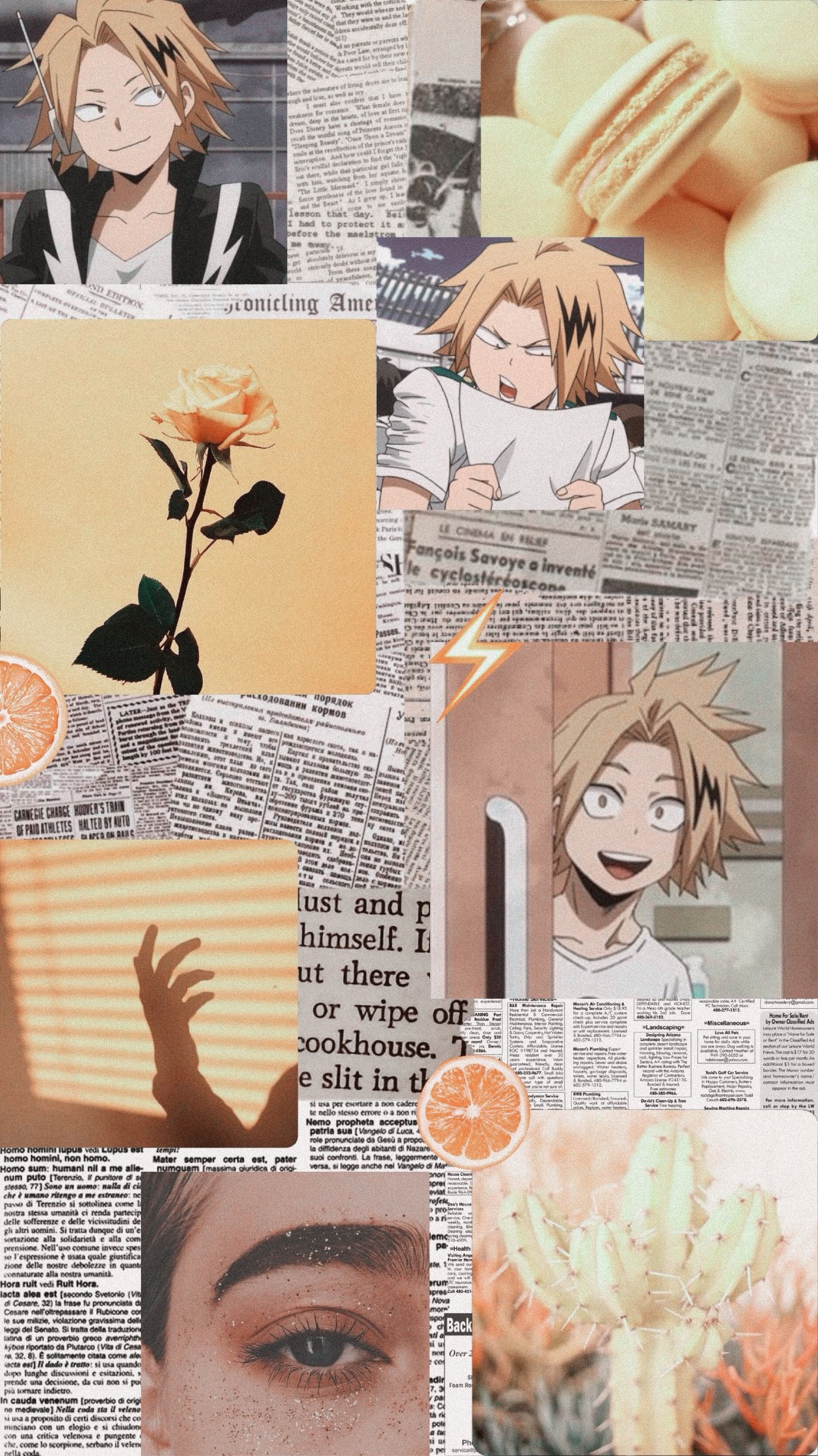 Collage of anime characters, orange slices, and newspaper pages - Denki Kaminari