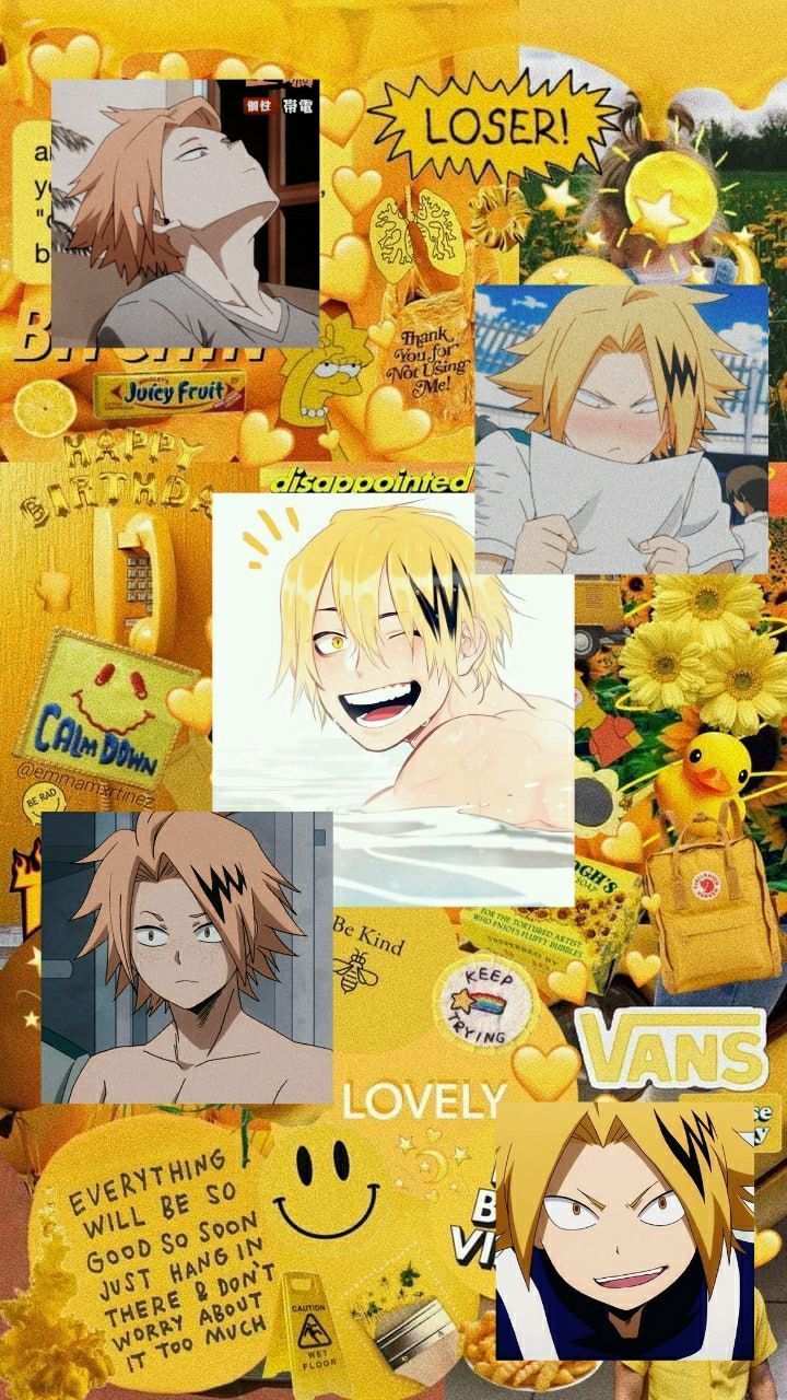Aesthetic background of yellow and black with anime characters and quotes - Denki Kaminari