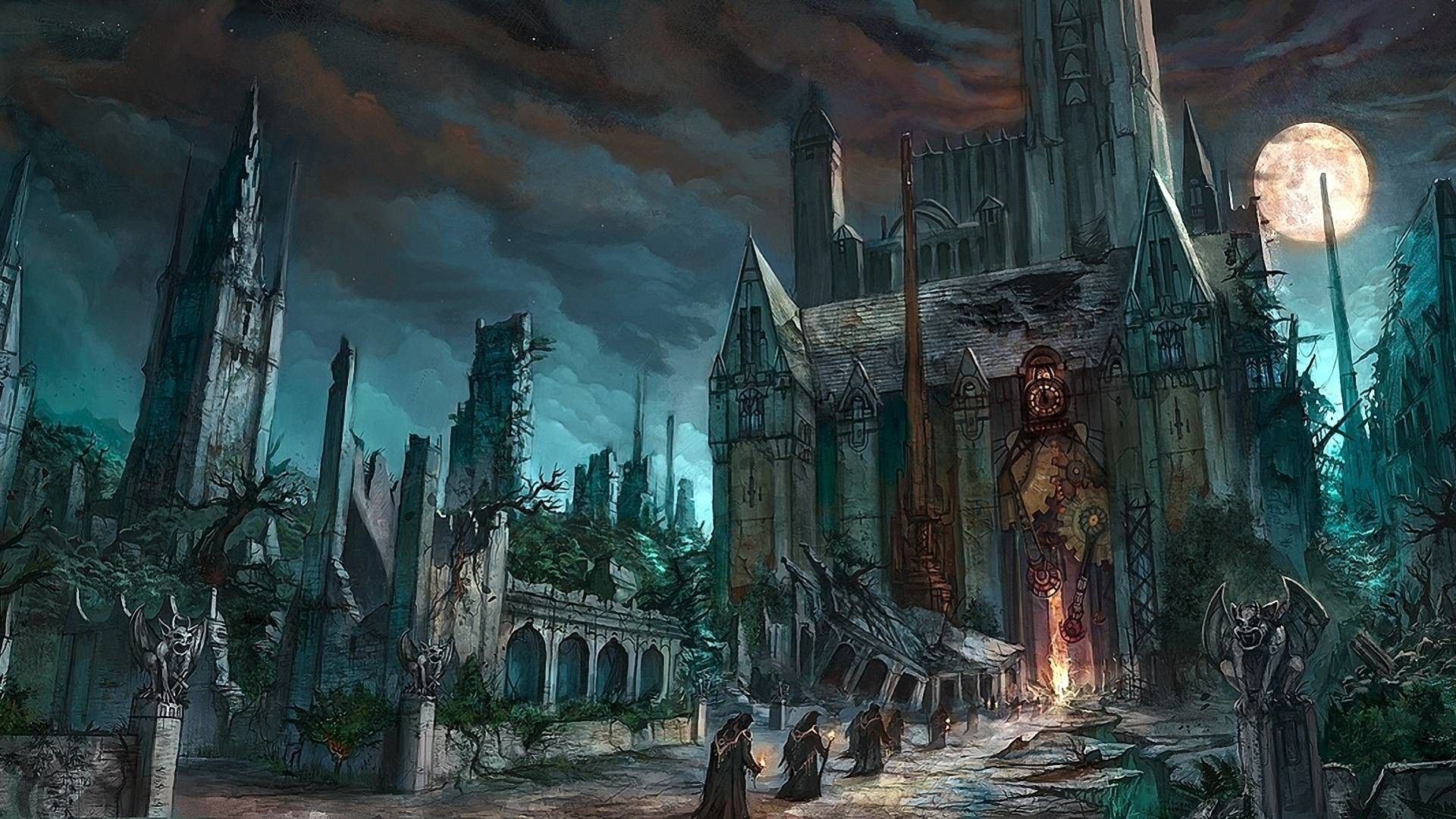 Dark fantasy art of a gothic city at night - Castle