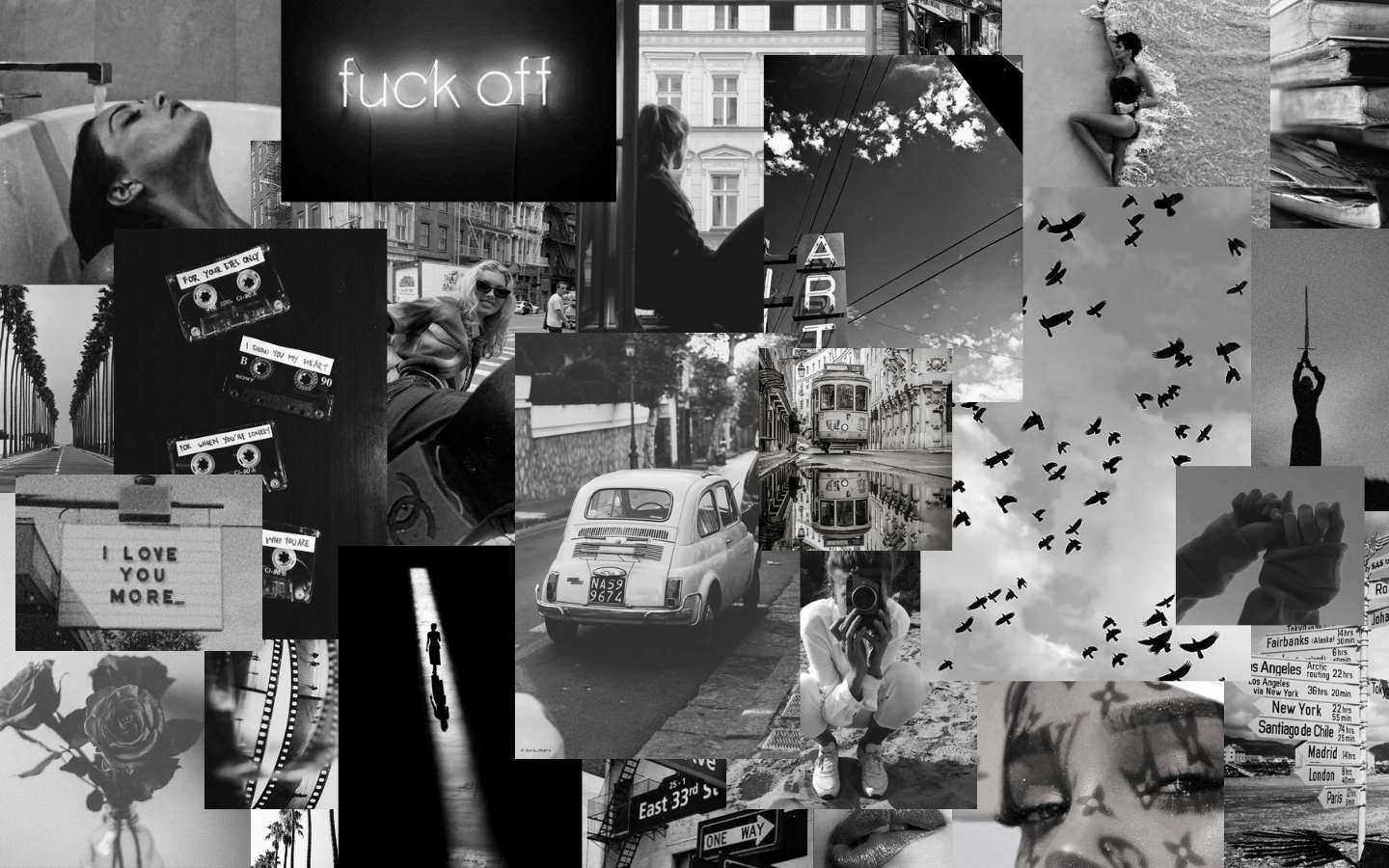 A collage of black and white photos, including a car, a neon sign, and a flock of birds. - 1440x900