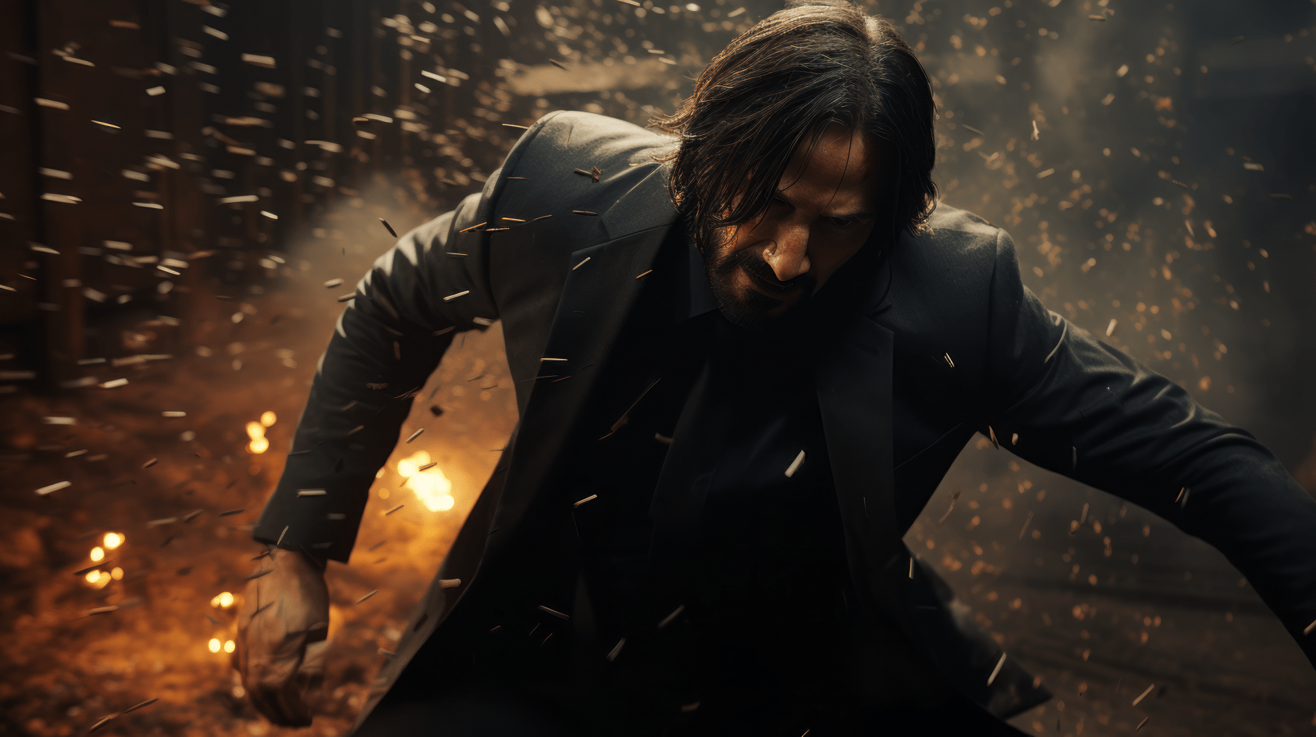 John Wick, played by Keanu Reeves, walks through a rain of bullets and debris. - John Wick