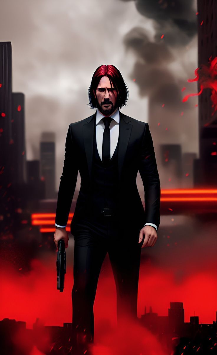 Keanu Reeves as John Wick, standing in a city street with a gun in hand, with smoke and red light in the background. - John Wick