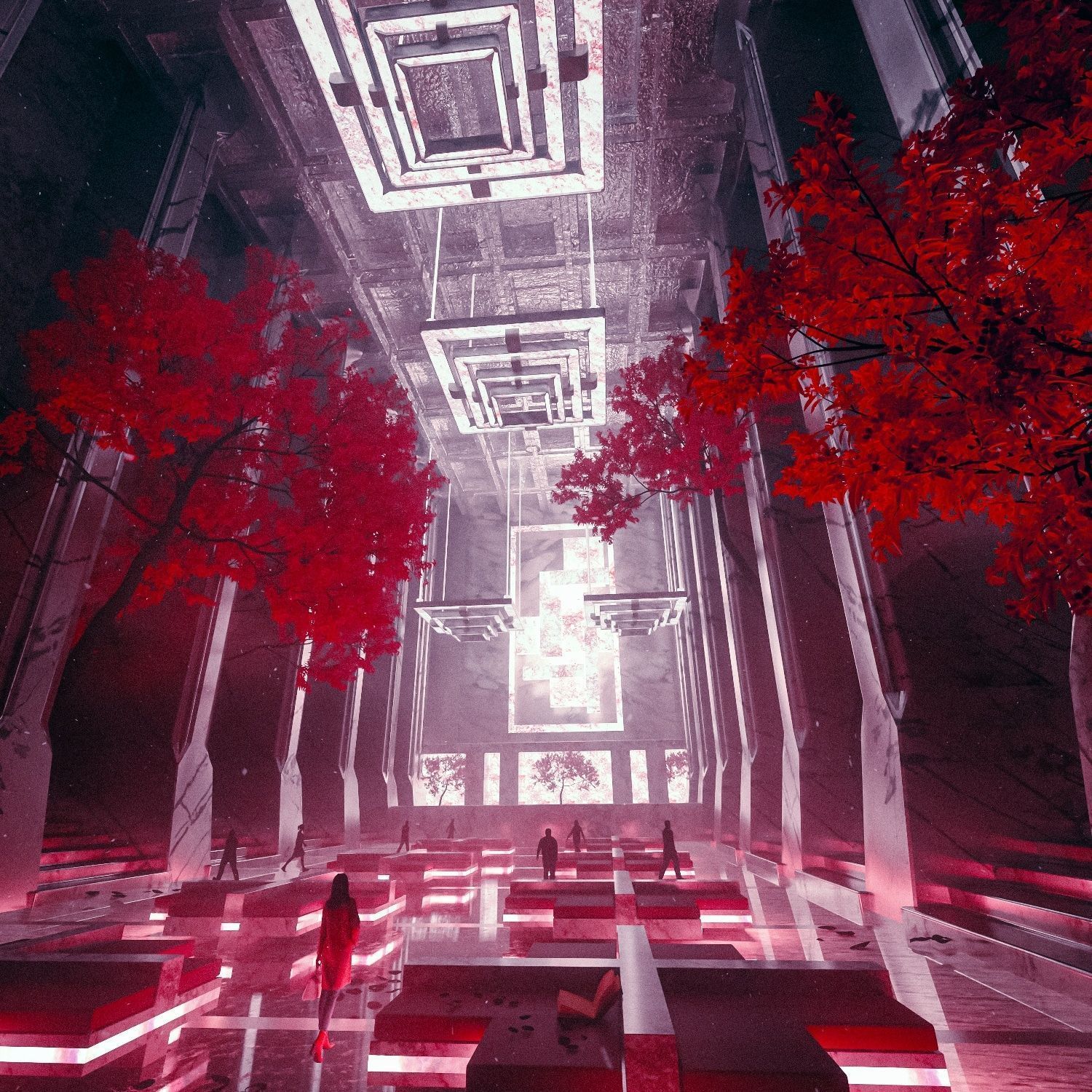 People walking through a red and white digital space with red trees. - John Wick