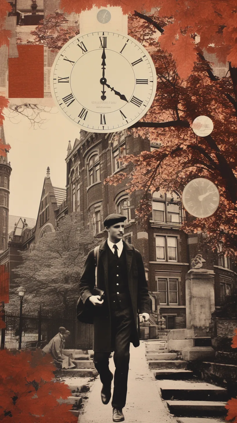 A collage of a man walking on a sidewalk, a clock, and a university building. - Harvard